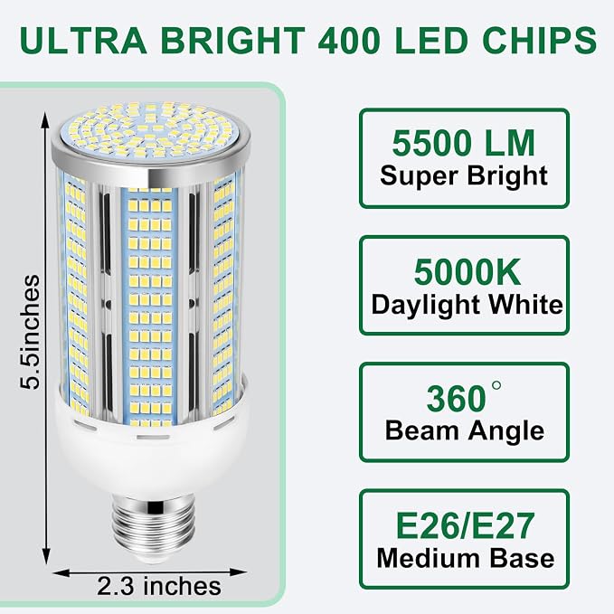 2 Pack 50W LED Corn Light Bulbs 400W Equivalent 5000K Daylight 5500 Lumens E26 E27 Base