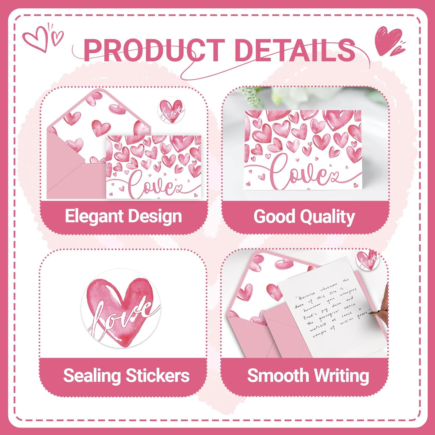 24 Pcs Valentines Heart Love Card With Envelopes, Watercolor Heart Greeting Cards Pink Valentine'S Day Blank Notecards For Anniversary Wedding Party Supplies