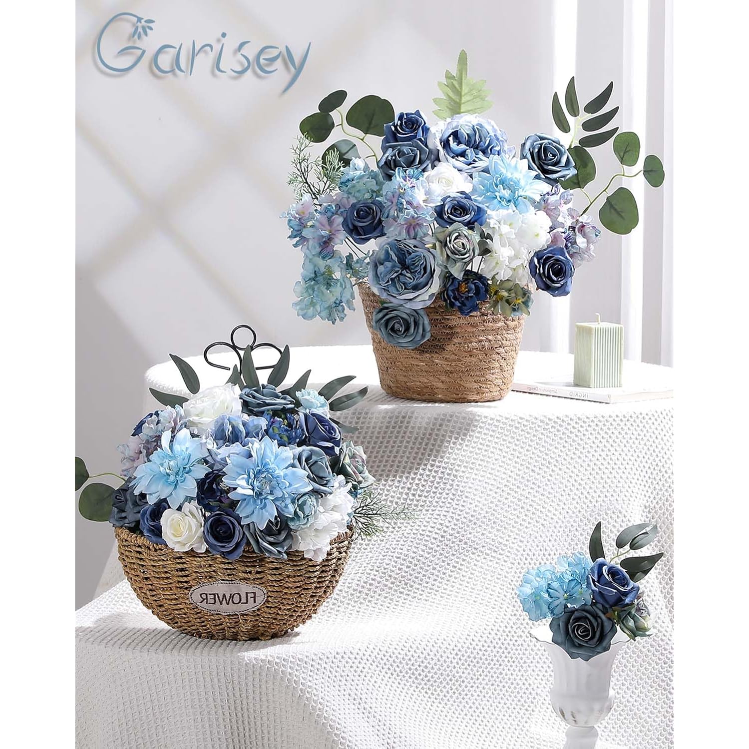 Artificial Flowers Combo Box Set Dusty Blue Flowers For Diy Wedding Bouquet Arrangements Bridal Shower Party Home Decorations(White Blue Rose)