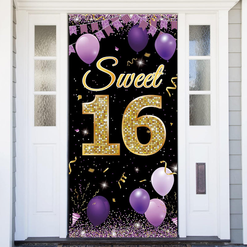 Sweet 16 Birthday Backdrop Door Banner, Happy 16Th Birthday Decoration