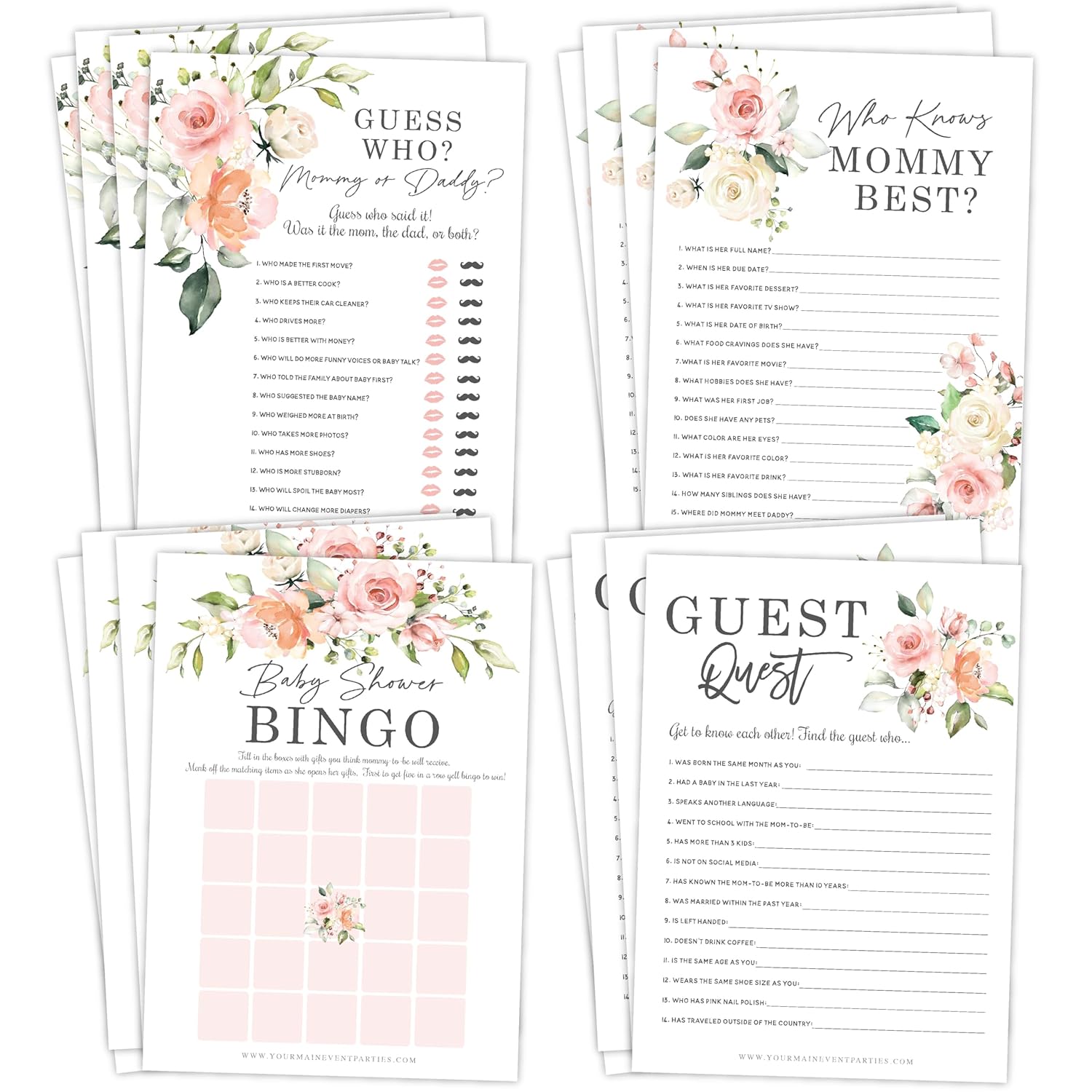 Floral Baby In Bloom Baby Shower Games, Fun Activities For 25 Guests(Bingo, Who Knows Mommy Best, Guest Quest And Guess Who)