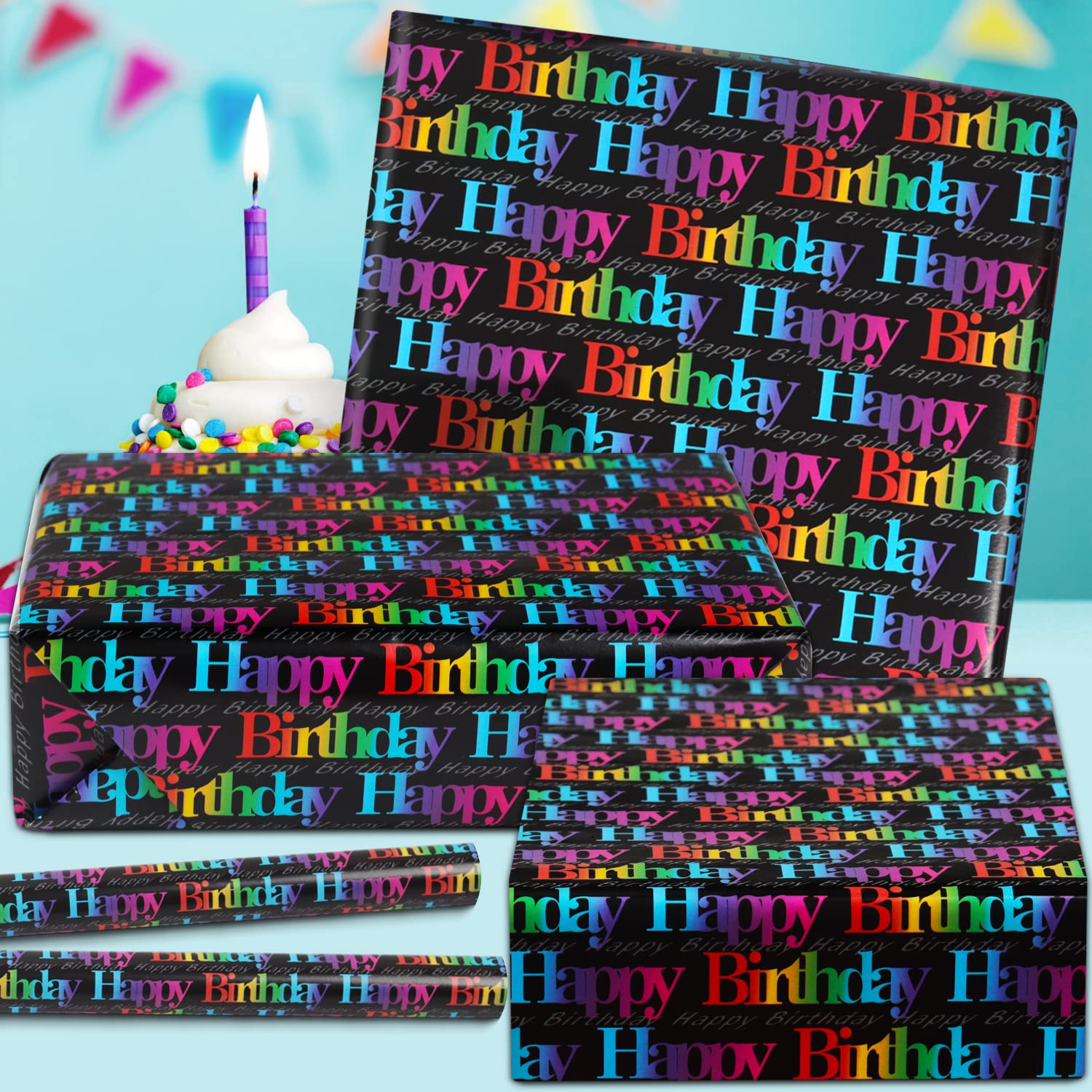 Happy Birthday Wrapping Paper For Girls Boys Kids Women Men - Gradient Color Gift Wrap With Cut Lines On Reverse - 7 Sheets Folded Flat 20X28 Inches