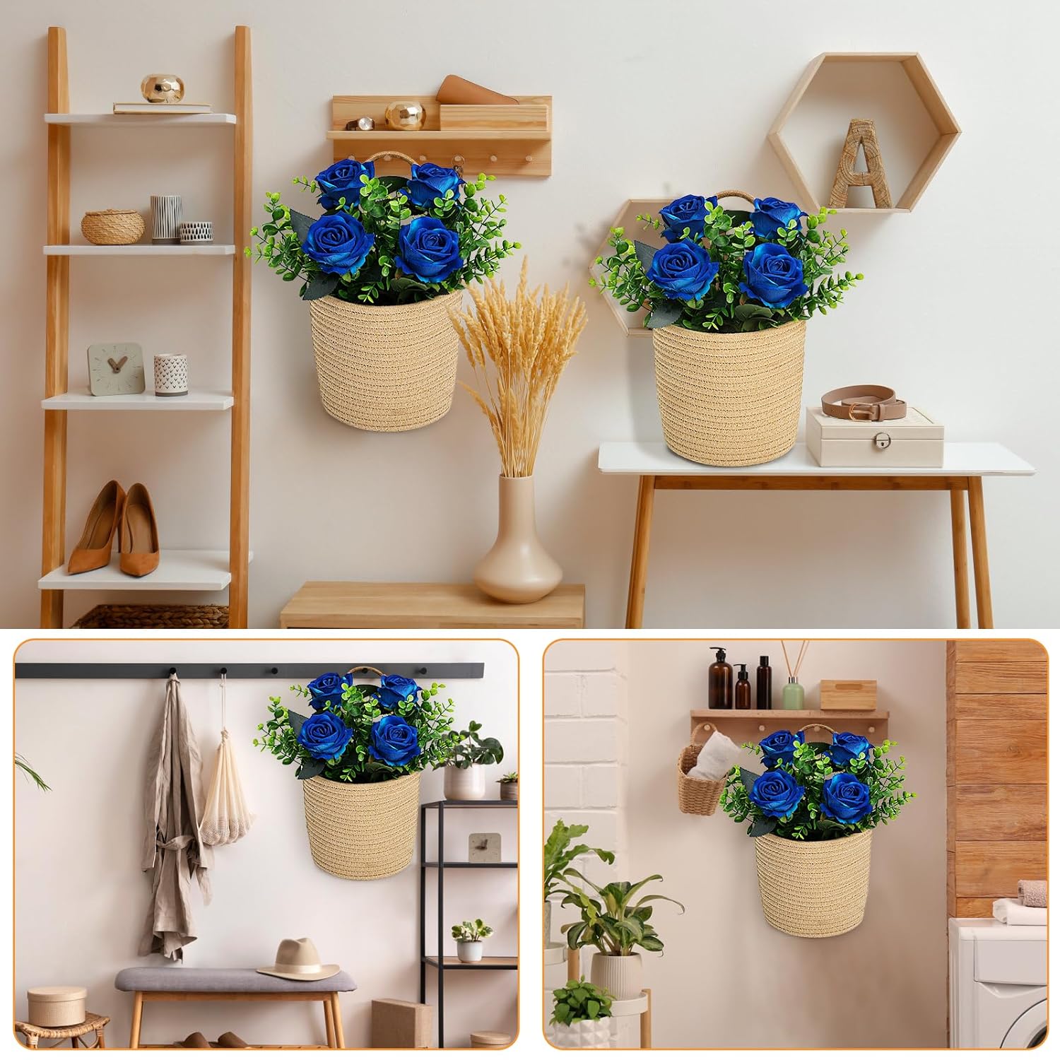 2 Pack Wall Hanging Rope Basket With Artificial Roses Eucalyptus Farmhouse Decor, Artificial Flowers With Jute Basket For Entryway Kitchen Bedroom Living Room Home Decorations - Royal Blue