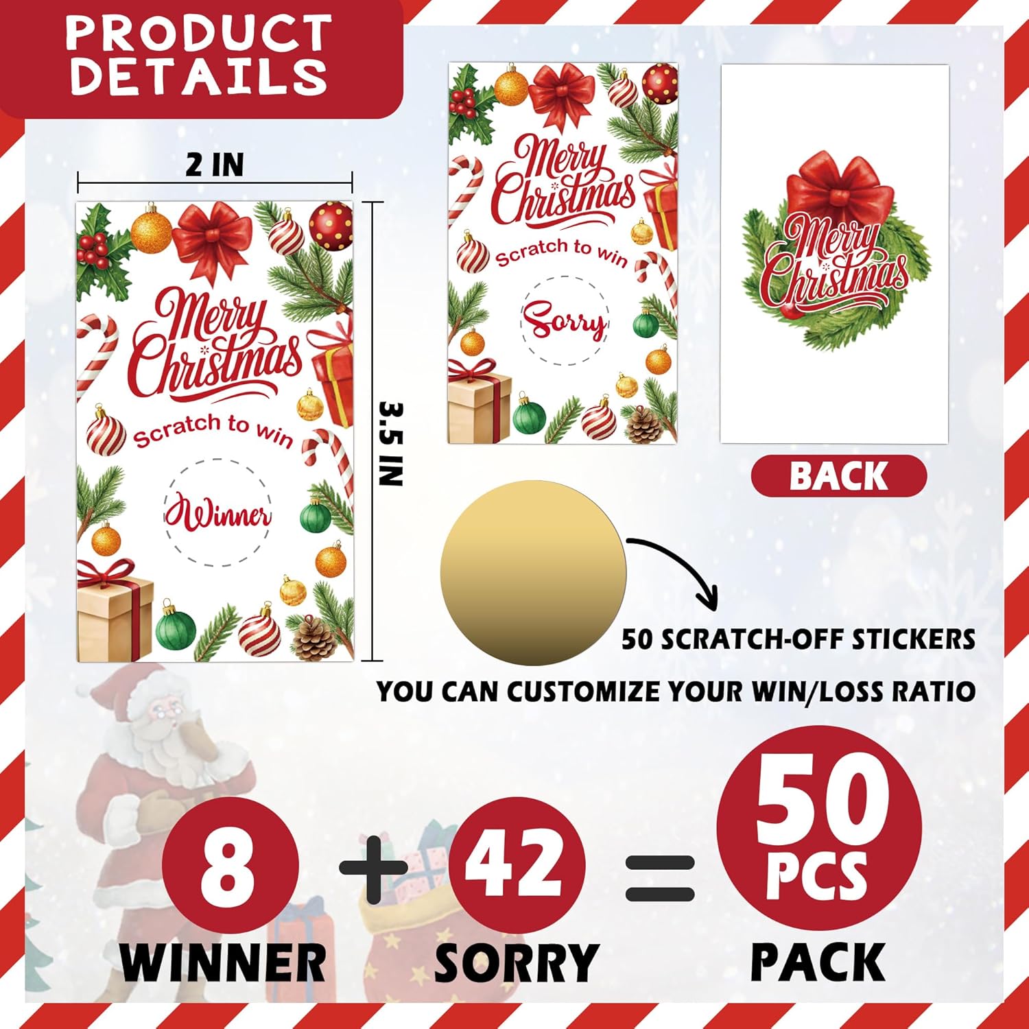 Christmas Party Scratch Off Game Cards, 50Pcs Merry Christmas Scratch To Win Cards, Ice Breaker Game For Families Friends Group Activity, Holiday Birthday Party Supplies(3.5X2.1 Inches)-A06