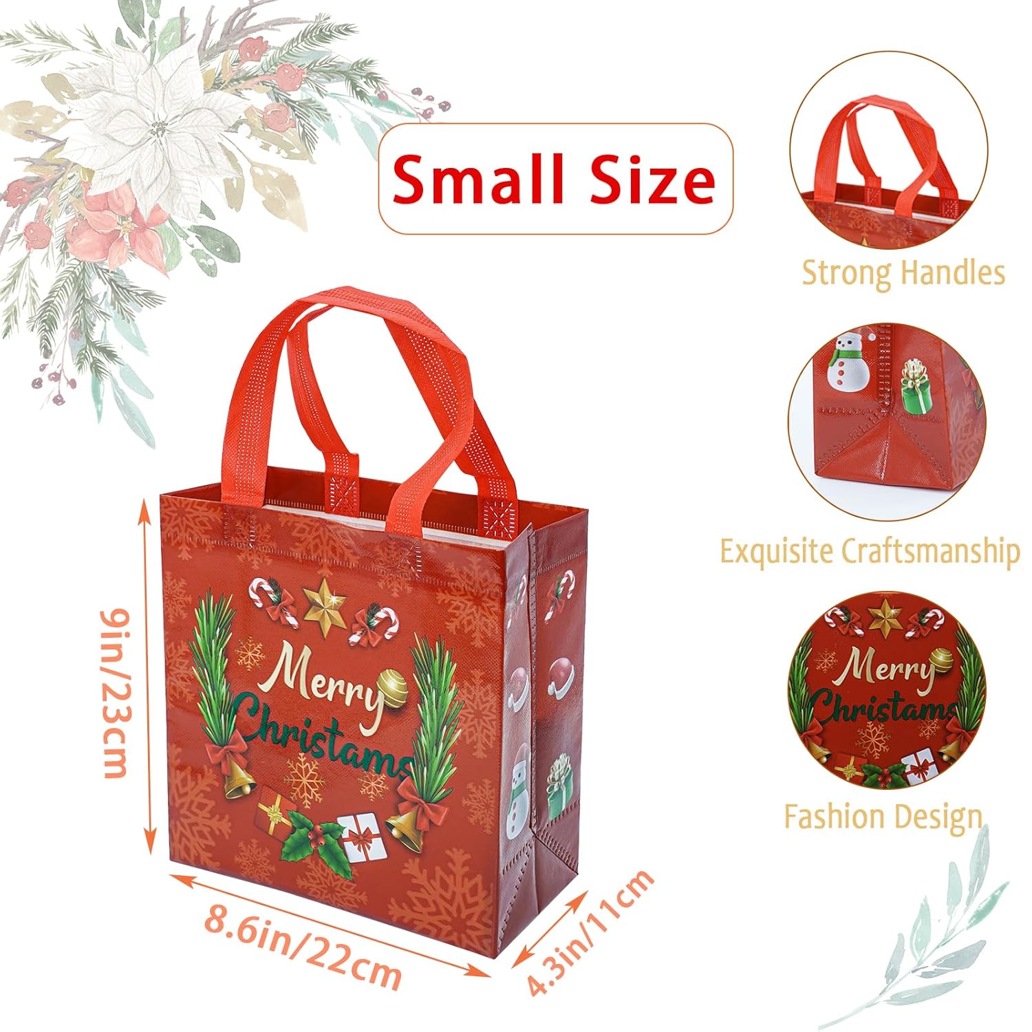 Christmas Gift Bags Tote-Bag With Handles - 12 Pack Reusable Non-Woven Xmas Party Supplies Presents Holiday Santa Claus Merry Christmas Pattern For New Year'S Shopping L8.6"Xh9"Xw4.3"(L22Xh23Xw11Cm)