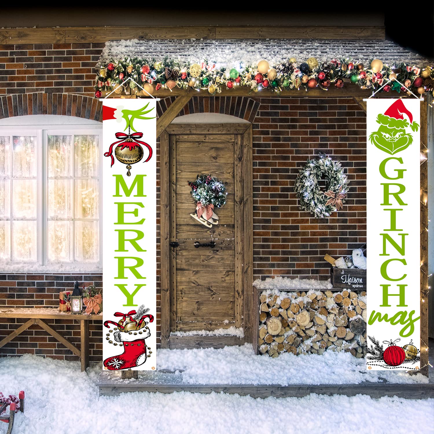 Christmas Grinch Porch Banner,Christmas Grinch Porch Sign Funny Xmas Hanging Banners For Home Indoor Outdoor