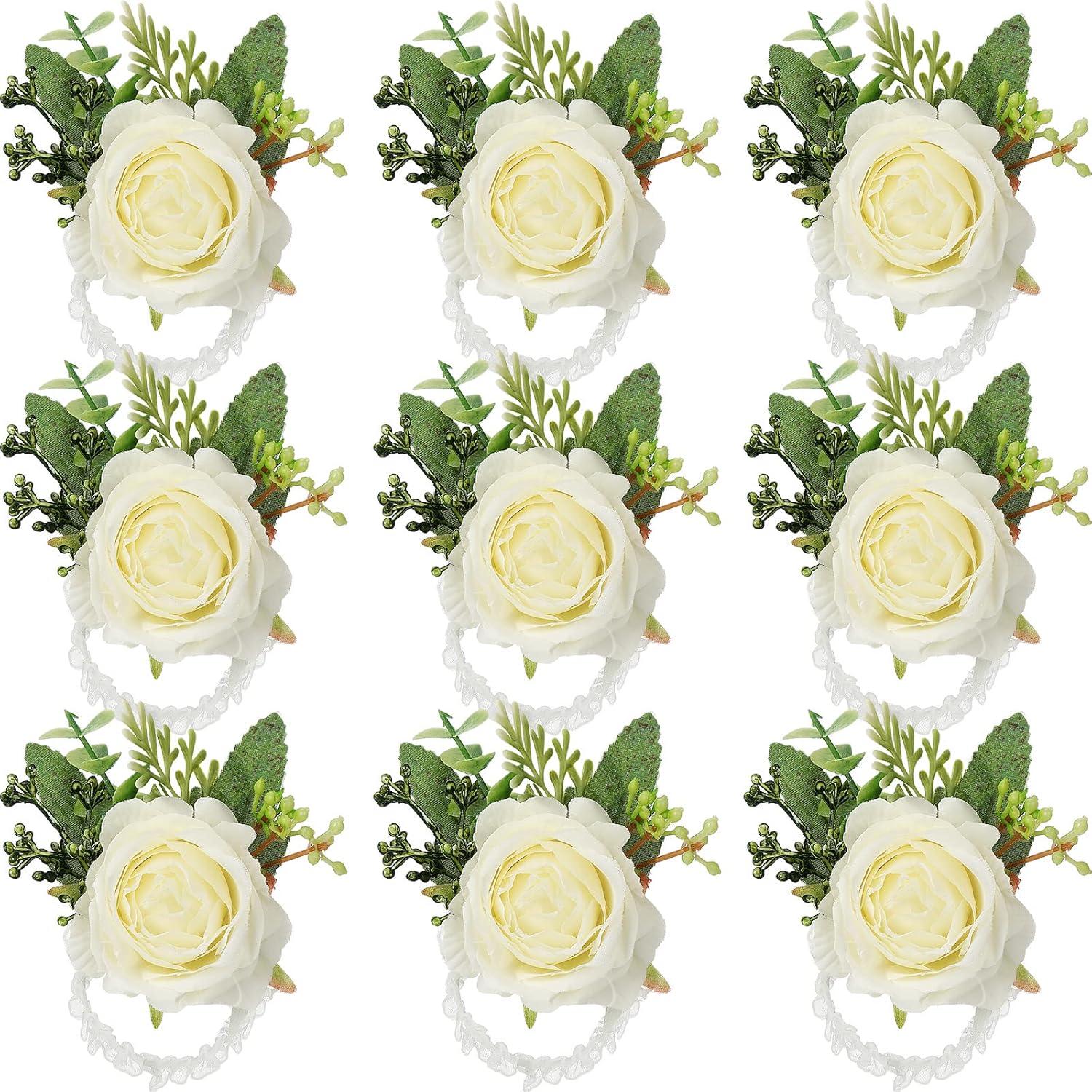 12 Pcs Rose Wrist Corsage Bracelets Wedding Bridal Wrist Artificial Flower Wristband Flower Hand Decor For Bride Bridesmaid Homecoming Prom Party Decor(White Elegant)