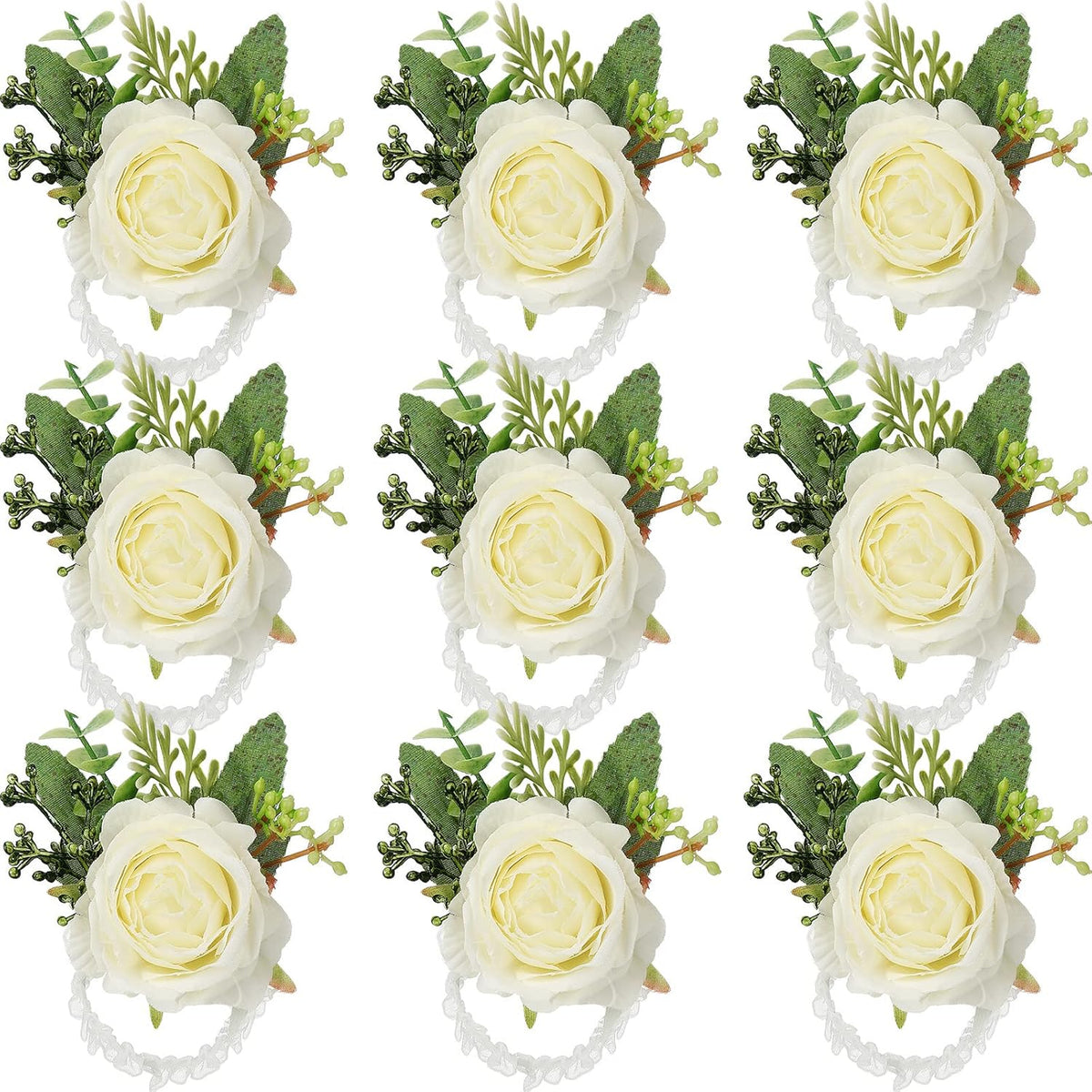 12 Pcs Rose Wrist Corsage Bracelets Wedding Bridal Wrist Artificial Flower Wristband Flower Hand Decor For Bride Bridesmaid Homecoming Prom Party Decor(White Elegant)