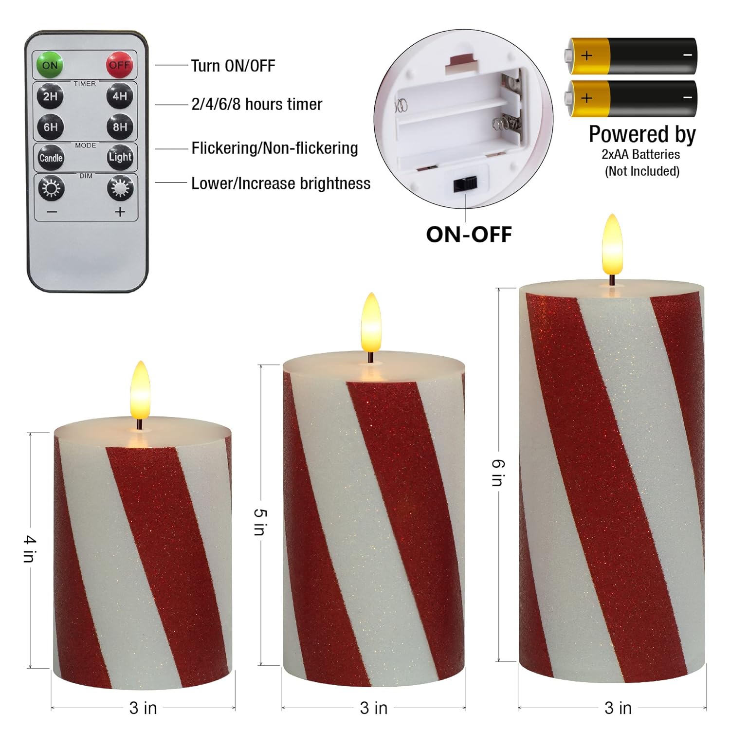 Christmas Flickering Flameless Candles Red Stripes Glitter, Battery Operated Pillar Real Wax Led Electric Candle With Remote Timer For Home Christmas Party Decor D3 X H4 5" 6" Set Of 3