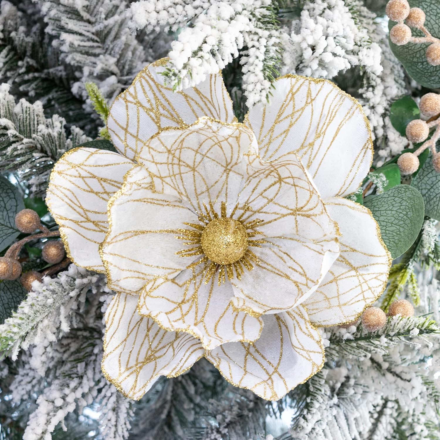 Store Christmas Poinsettia Artificial Velvet Magnolia Flower White And Gold Floral Picks Stems For Christmas Tree Decoration Pack Of 6 For Xmas Tree Wedding Centerpiece