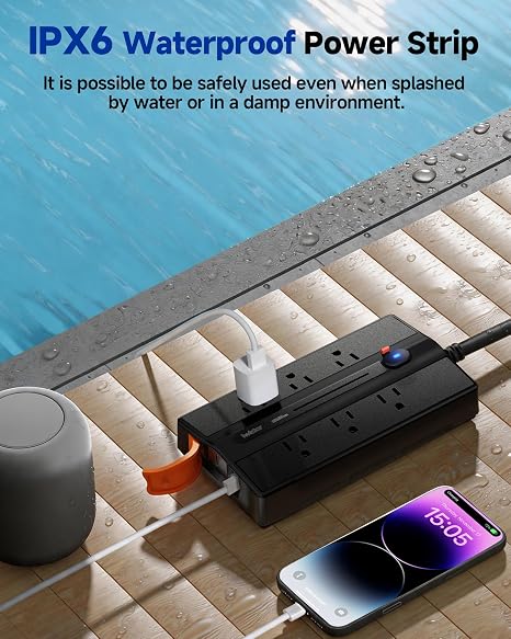 Outdoor Waterproof Power Strip IPX6 6 Outlets 4 USB Ports 5FT Extension Cord Wall Mount