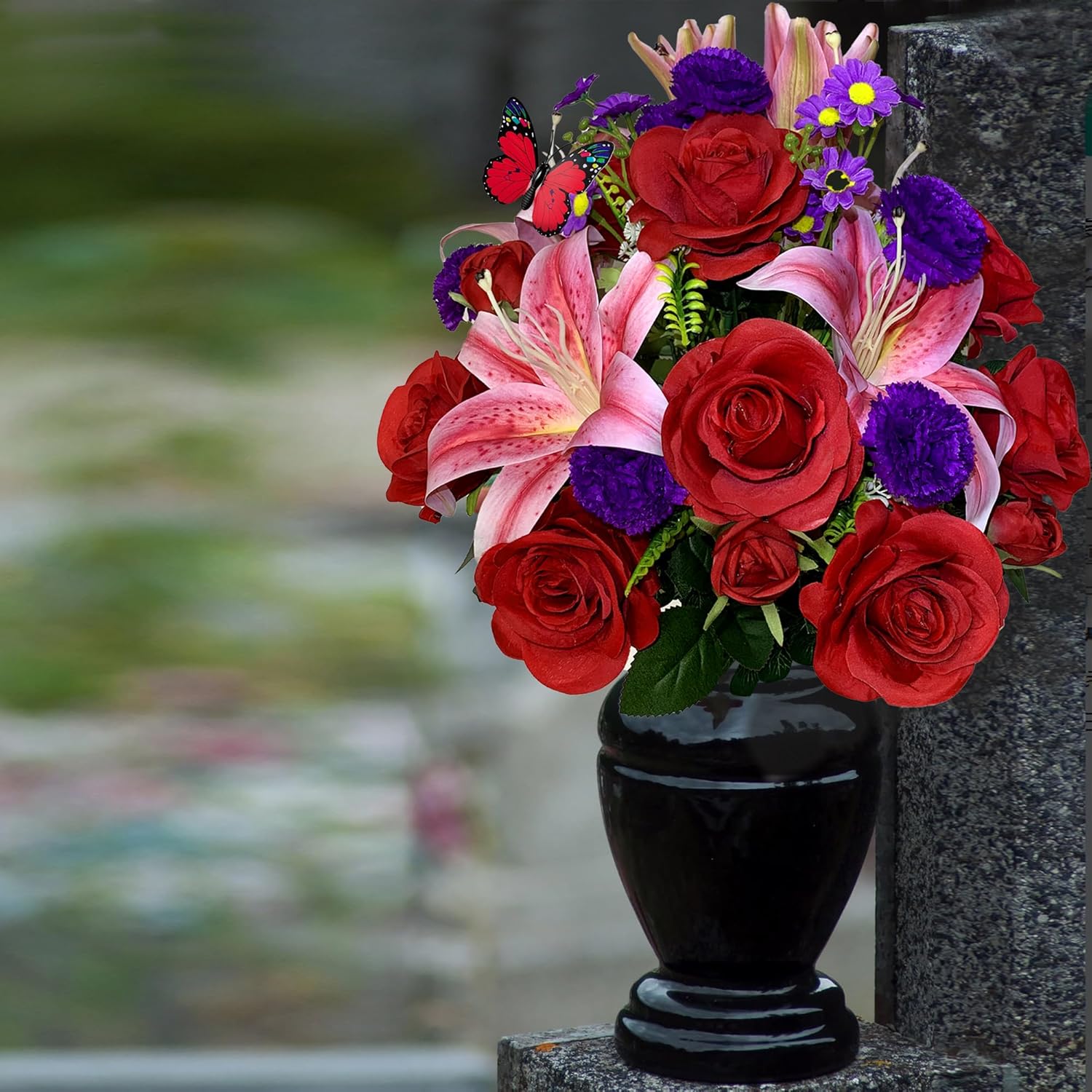 Artificial Cemetery Flowers With Vase, Artificial Rose Lily Carnation Bouquet, Graveyard Memorial Flowers For Cemetery Headstones Decoration