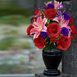 Artificial Cemetery Flowers With Vase, Artificial Rose Lily Carnation Bouquet, Graveyard Memorial Flowers For Cemetery Headstones Decoration