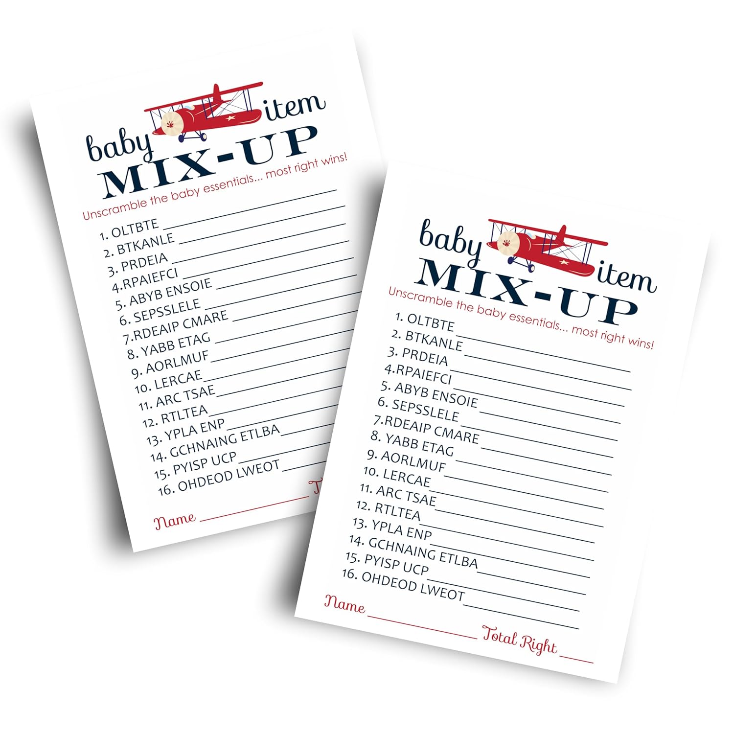 Airplane Baby Shower Games For Boys - Word Scramble Activity - Fun Gender Neutral Baby Shower Game For Guests - Adventure Theme In Red And Blue - 25 Cards, 4X6