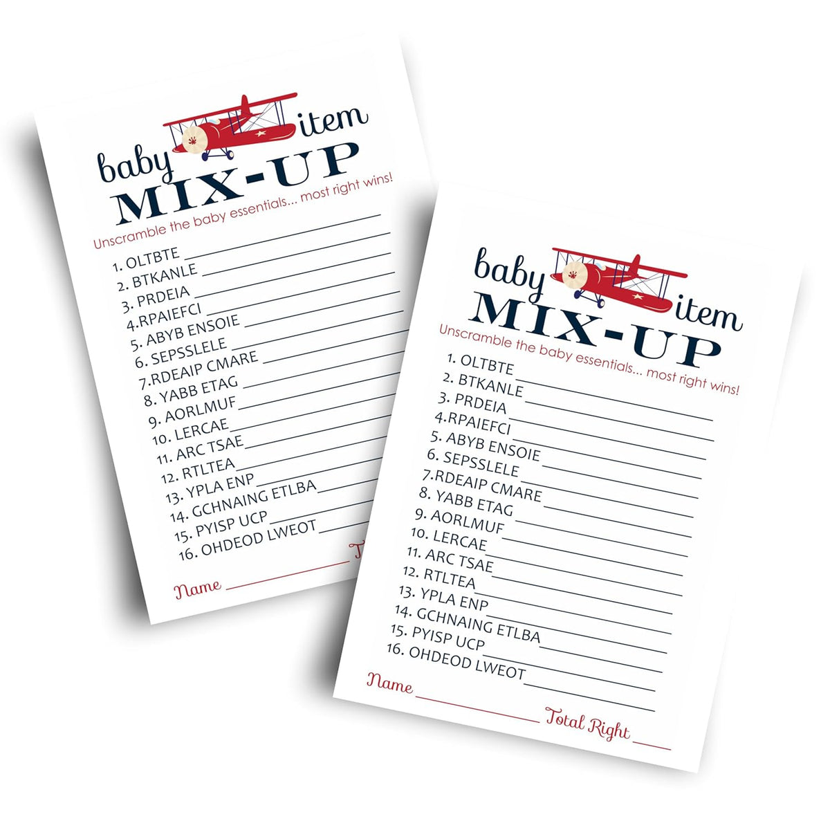 Airplane Baby Shower Games For Boys - Word Scramble Activity - Fun Gender Neutral Baby Shower Game For Guests - Adventure Theme In Red And Blue - 25 Cards, 4X6