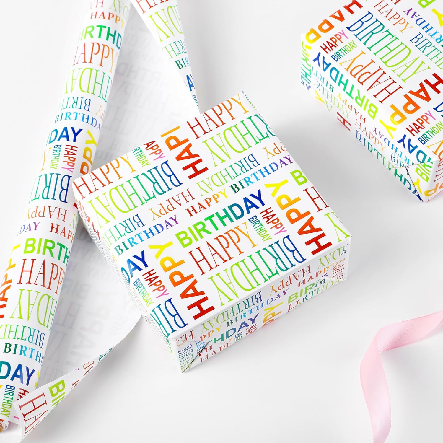 Happy Birthday Wrapping Paper Roll, 17 Inch X 32.8 Feet, Colorful Text Happy Birthday Design Gift Wrap For Birthday, Gift Packaging, Baby Shower, Holiday, Party