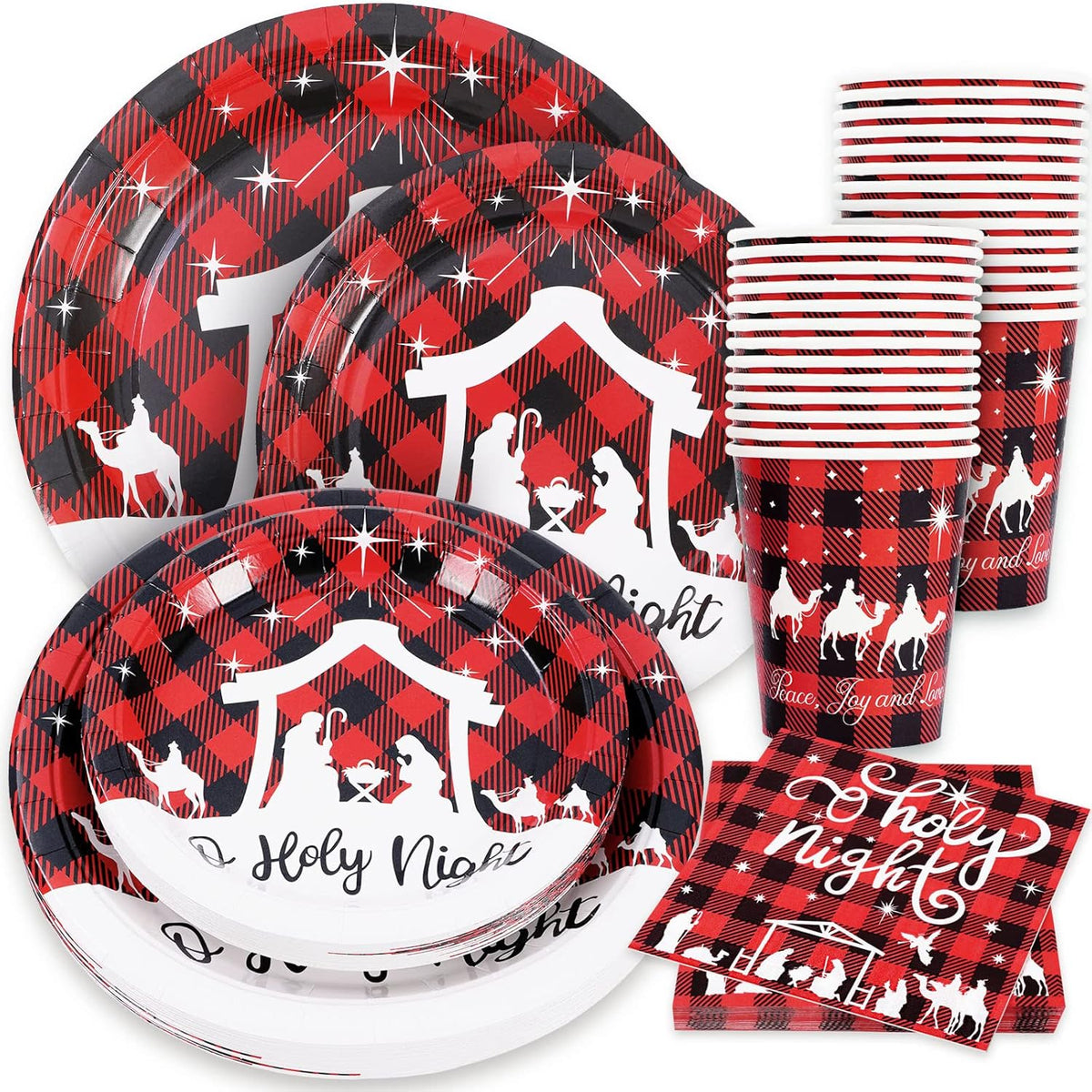 100Pcs Christmas Tableware Set Jesus Holy Night Disposable Paper Plates Napkins Cups Xmas Religious Red Black Buffalo Plaid Dinnerware Set Serves Guests For Christmas Baptism Party Supplies