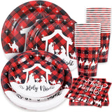 100Pcs Christmas Tableware Set Jesus Holy Night Disposable Paper Plates Napkins Cups Xmas Religious Red Black Buffalo Plaid Dinnerware Set Serves Guests For Christmas Baptism Party Supplies