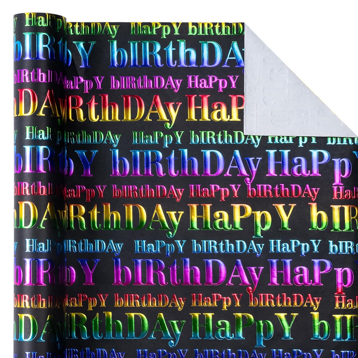 3D Kraft Birthday Wrapping Paper Roll - Mini Roll - 17 Inch X 16.5 Feet - Black And Colorful Foil Happy Birthday Wrapping Paper With Embossed For Kids Boy Girls, Baby Shower