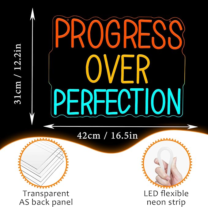 Progress Over Perfection Neon Sign USB Dimmable LED Wall Light for Office Gym Classroom Bedroom Decor