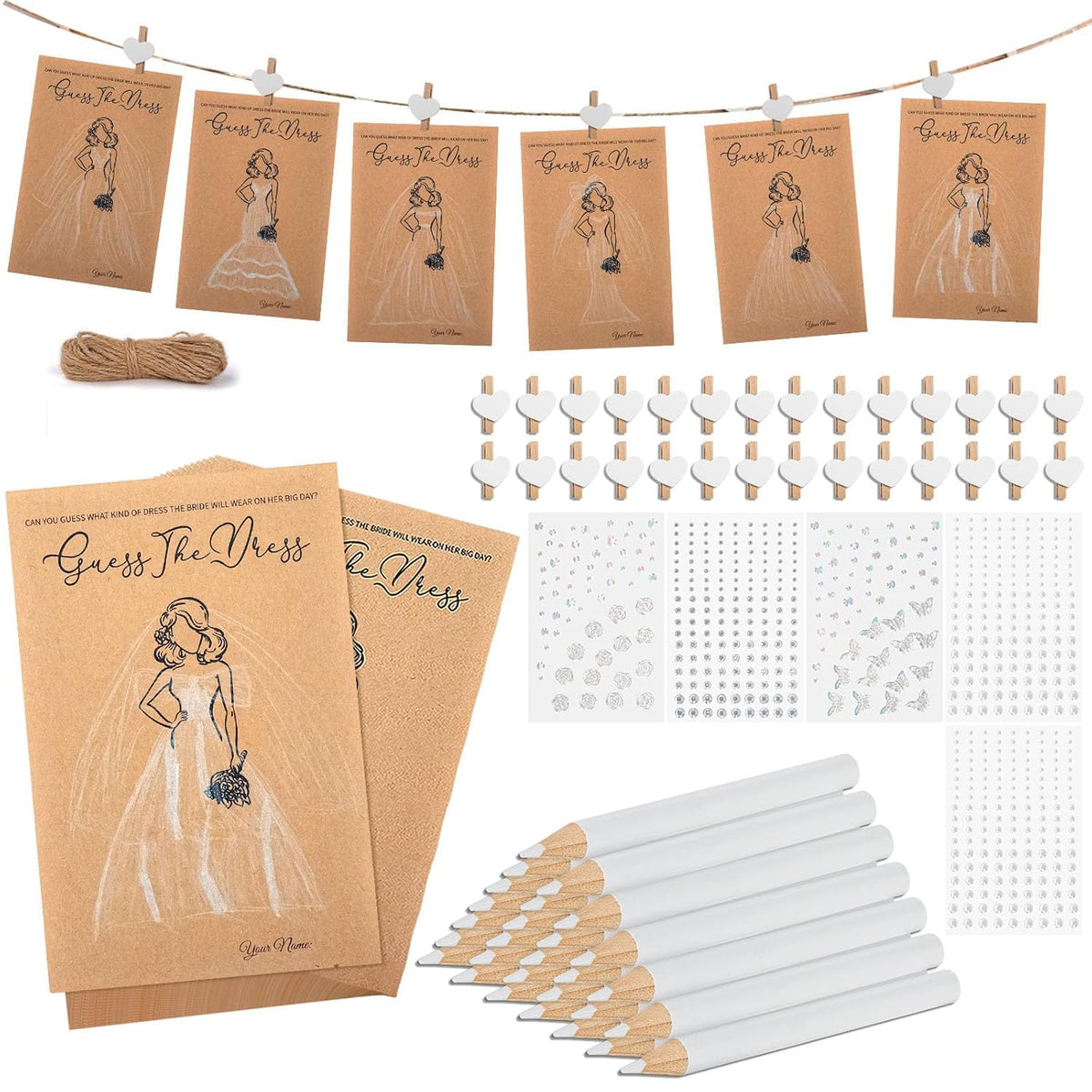 30 Sets Guess The Dress Bridal Shower Games For Guests Include Wedding Game Cards Water Soluble Pencils Pearl Gem Stickers Clips, Fun Wedding Decorations Party Ideas Supplies