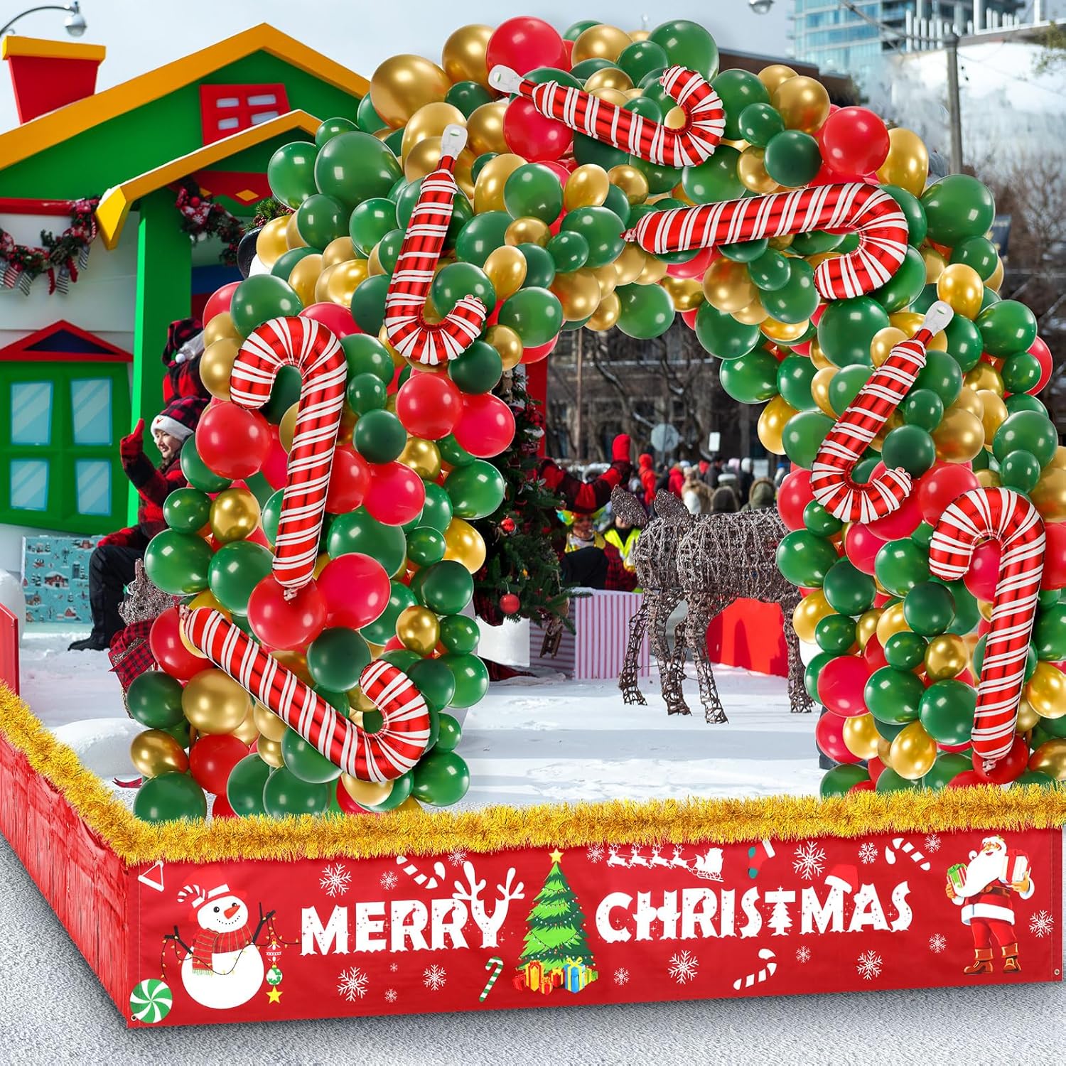 12 Pcs Christmas Parade Float Decorating Kit, Xmas Balloon Garland Arch Kit Merry Christmas Banner Metallic Red Foil Fringe Metallic Tinsel Twist Garland For Party Decor(Gold)