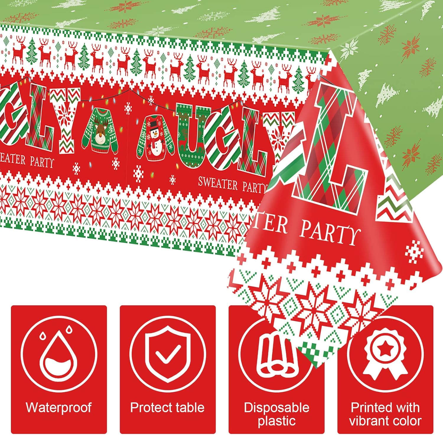 3 Pack Christmas Ugly Sweater Tablecloths Decoration Plastic Table Covers Merry Christmas Xmas Winter Holiday Birthday Party Decor, 54 X 108 Inch