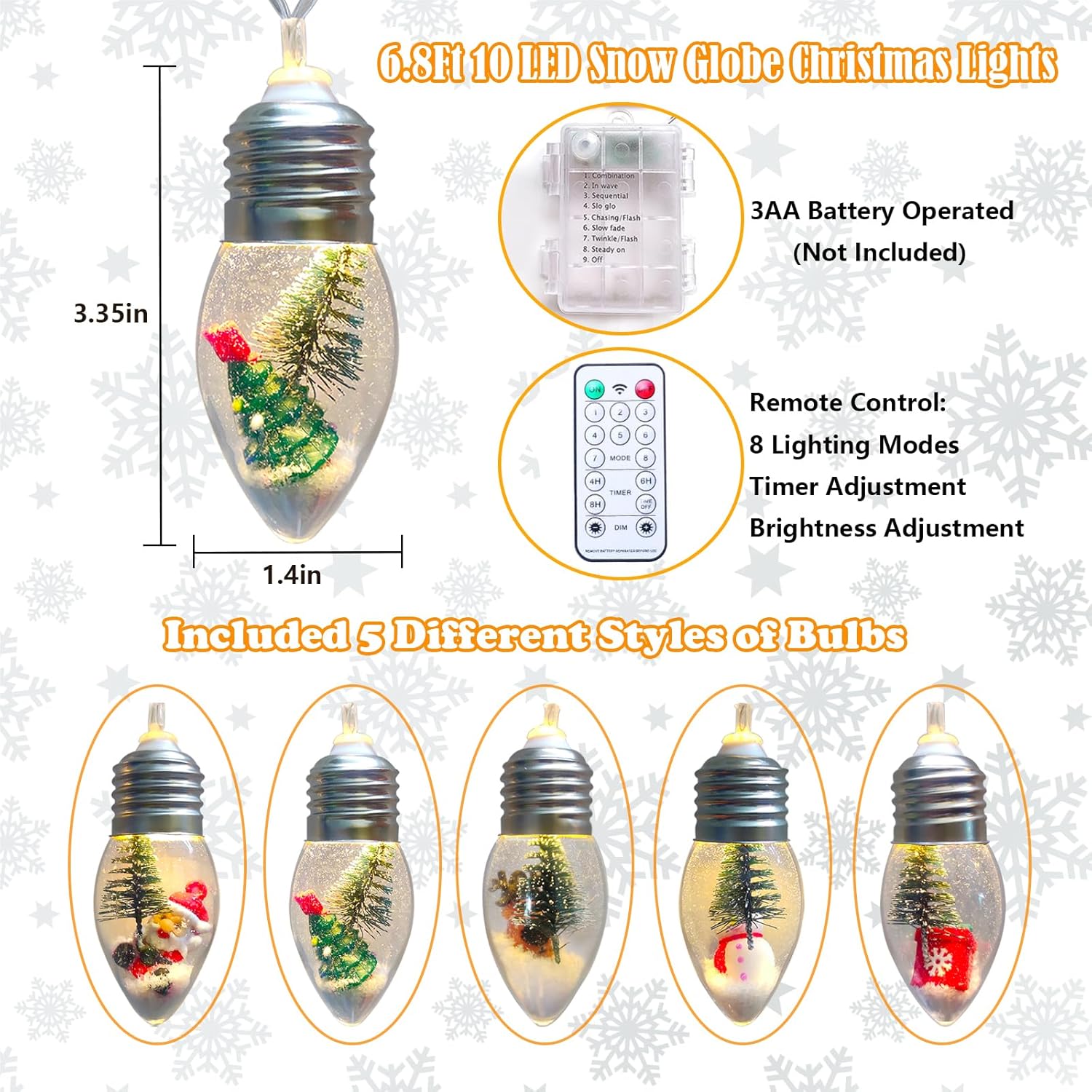Christmas Lights Battery Operated 6.8Ft Led Christmas Tree Snow Globe Lights 10 Vintage Bulbs String Light For Indoor Ou