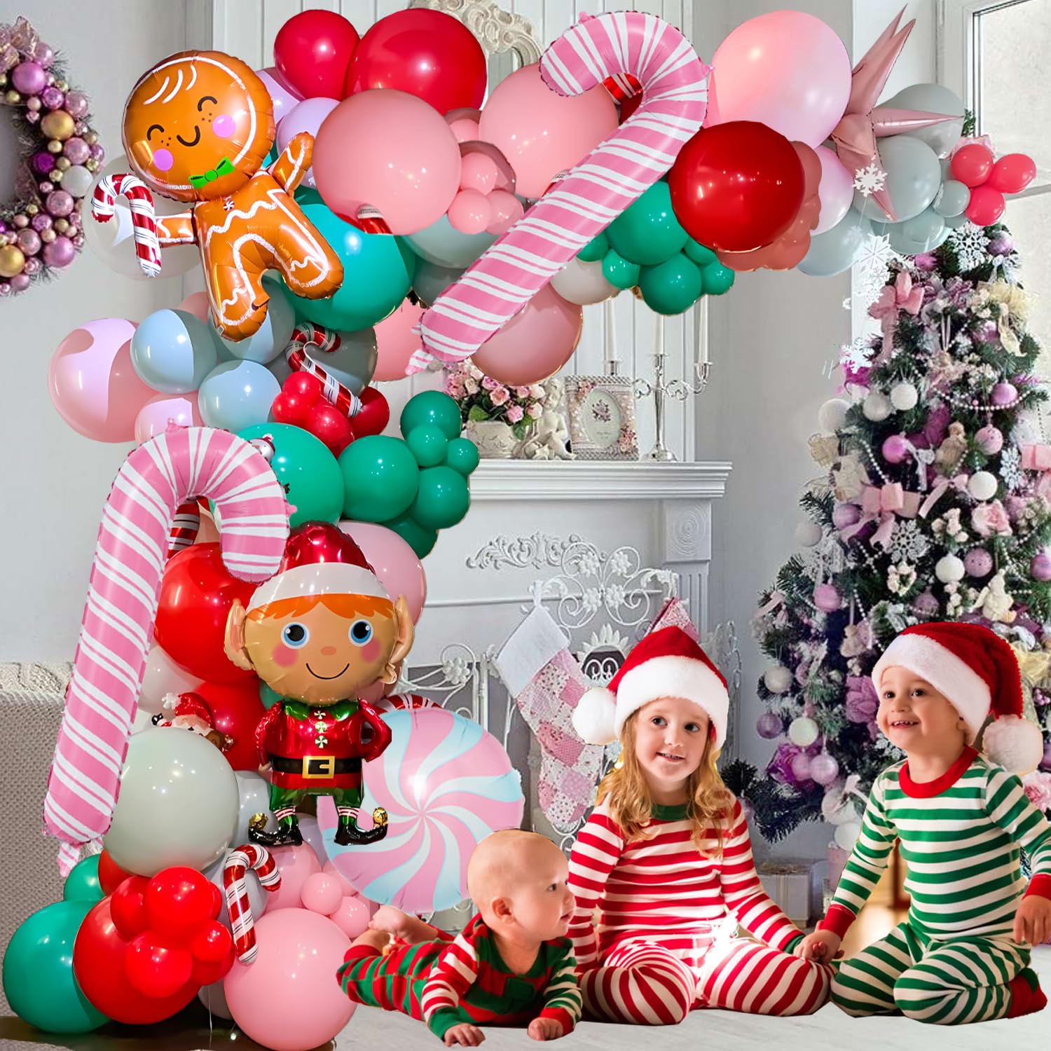 Gingerbread Balloon Arch Garland Kit 153 Pcs Christmas Balloon Garland Arch Pink Christmas Balloons Giant Gingerbread Man Candy Cane Balloon For Christmas Gingerbread House New Year Party Supplies