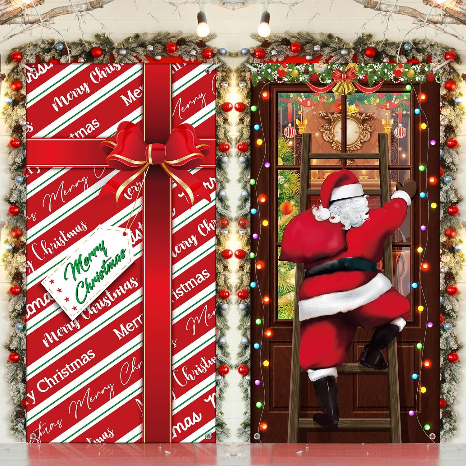 2 Pcs Christmas Decorations Santa Door Cover Xmas Backdrop Banner With Santa Climbing The Window And Gift Pattern Eve Decor For Party House Photo Booth Props