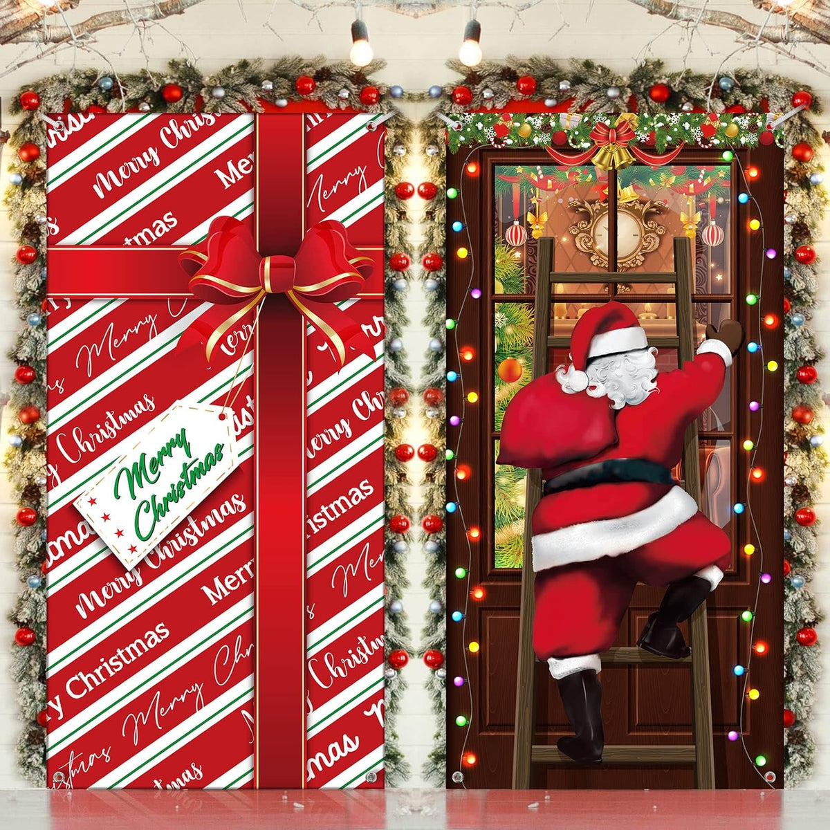 2 Pcs Christmas Decorations Santa Door Cover Xmas Backdrop Banner With Santa Climbing The Window And Gift Pattern Eve Decor For Party House Photo Booth Props