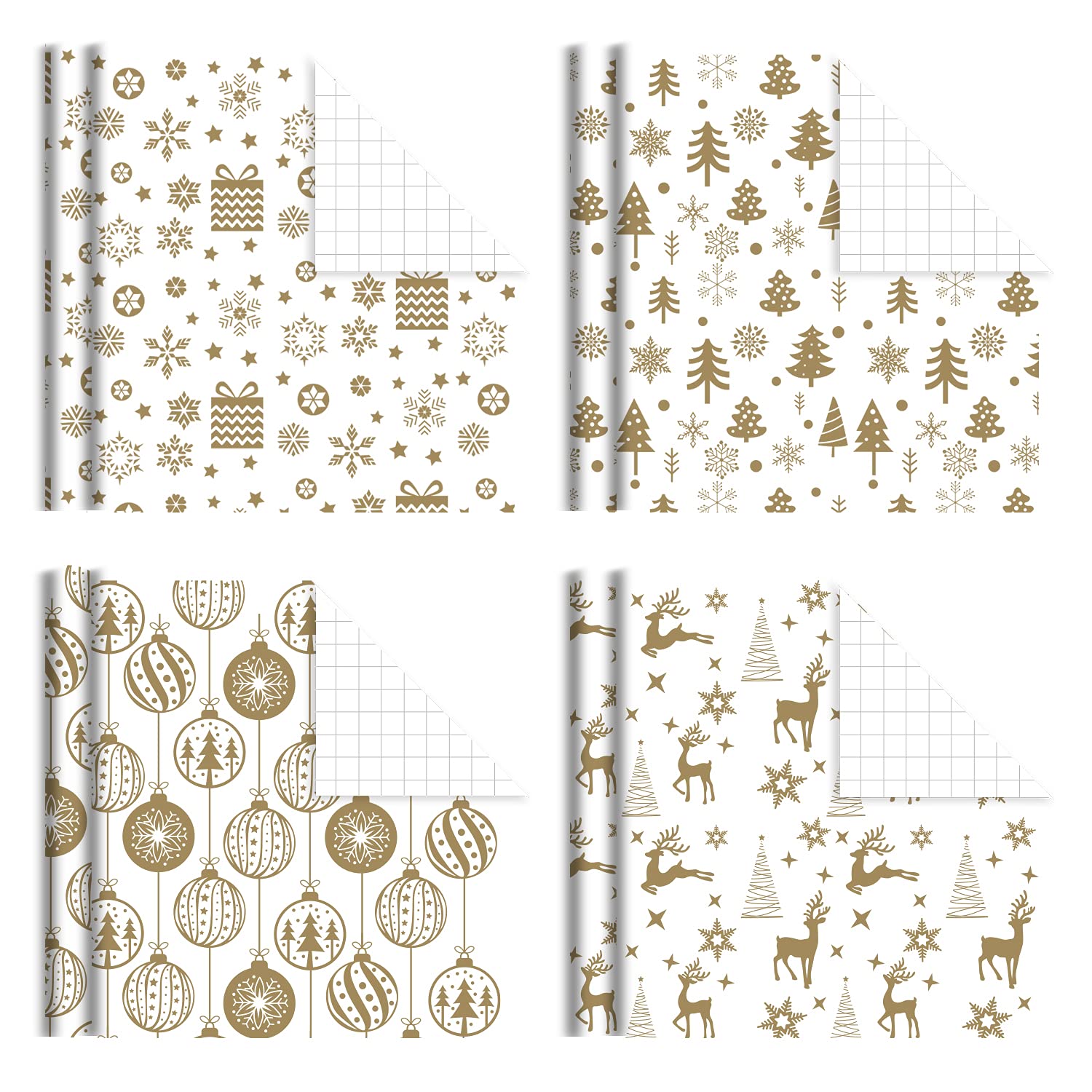 4 Rolls Christmas Wrapping Paper With Cut Lines On Reverse,Coated Paper With Golden Christmas Elements(30In × 144In Per Roll)