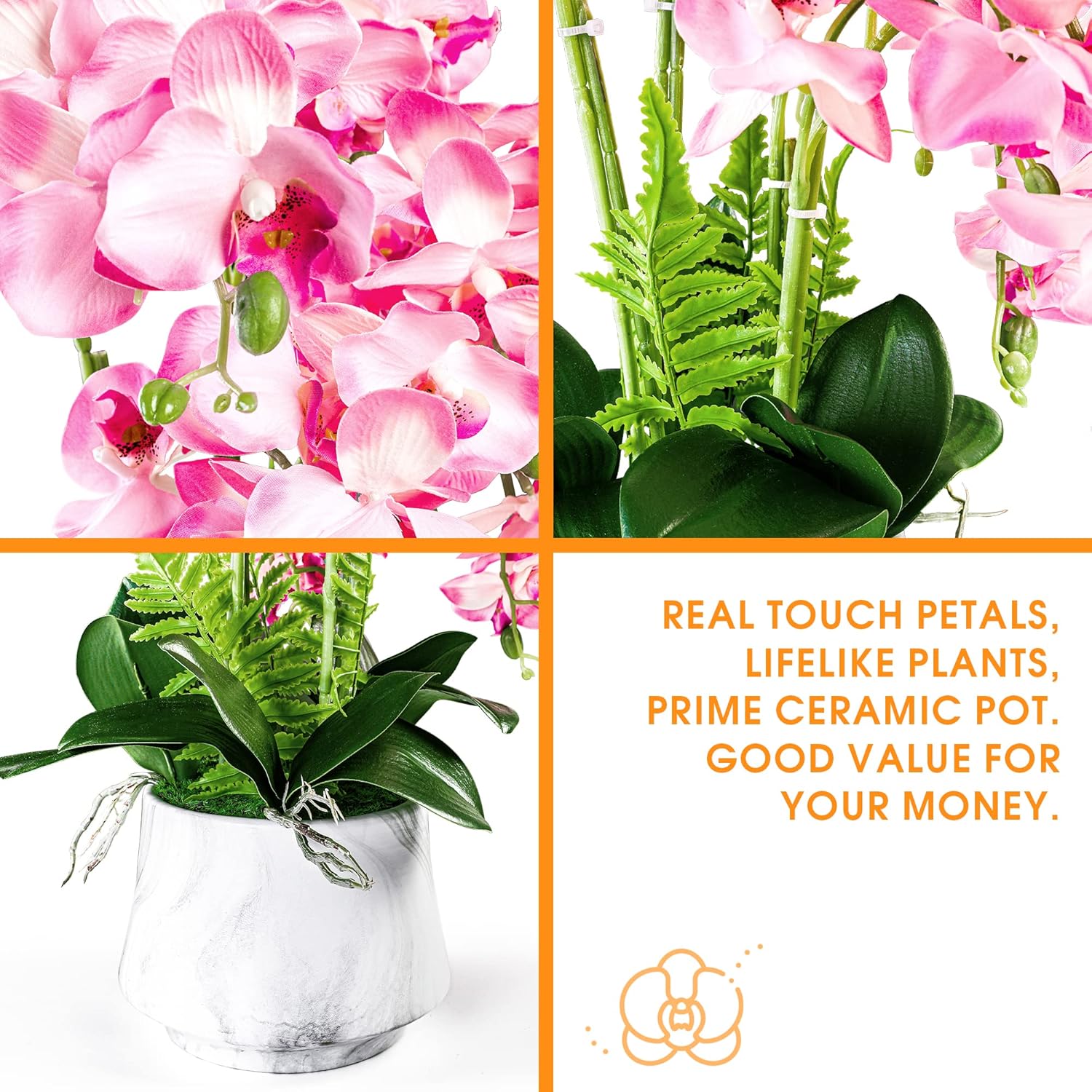Artificial Orchid Plants And Flowers With Vase, Fake Faux Silk Orchid In Ceramic Pot, 24'', Pink
