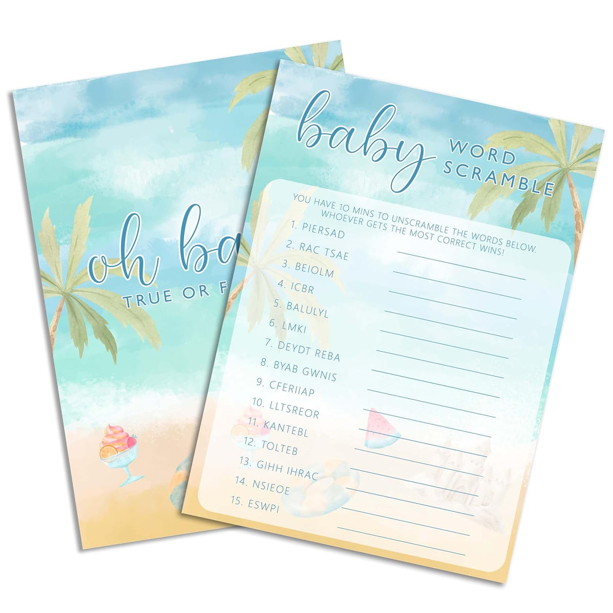 Summer Beach Baby Shower Games, 5X7 In & 25 Pcs Blue Ocean Baby Word Scramble Game Set, Gender Neutral Party Decorations Supplies & Favor-A07