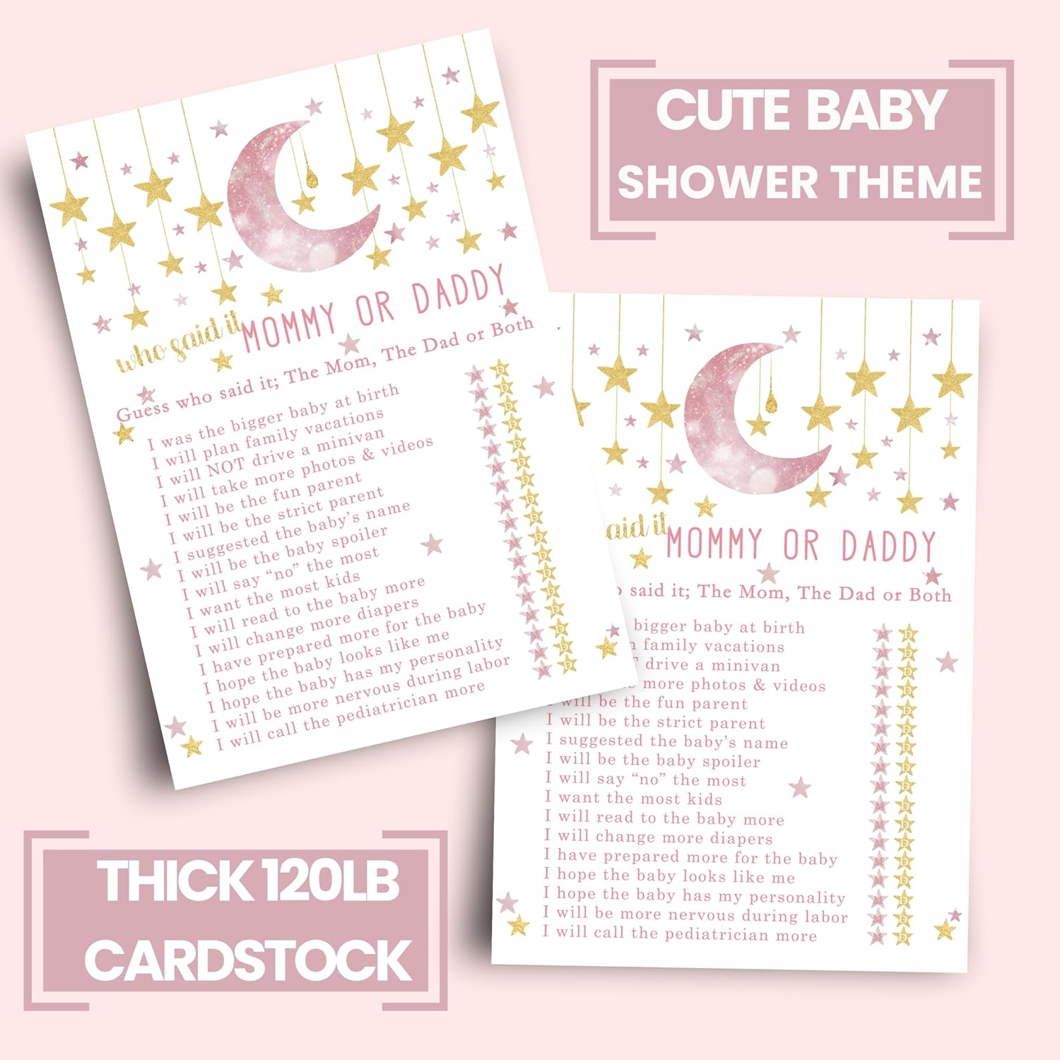 Twinkle Little Star Baby Shower Game For Girls - 25 Guess Who Mommy Or Daddy Game Cards - Fun Guessing Activities For Guests - Star And Moon Theme In Pink