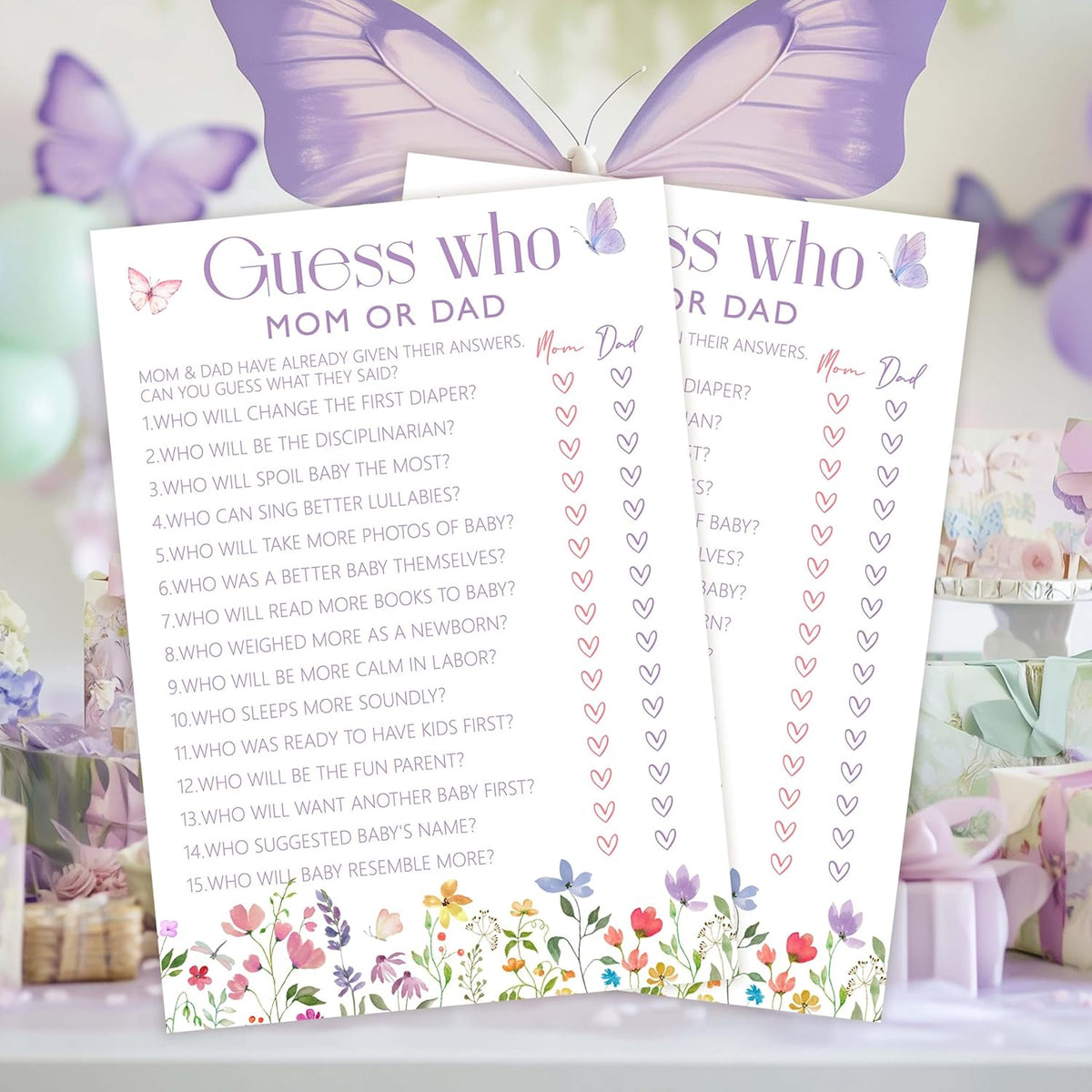 Shower Games, 30 Butterfly Guess Who Mom Or Dad Game Cards, Spring Gender Reveal Party Decorations Supplies Favors - G01