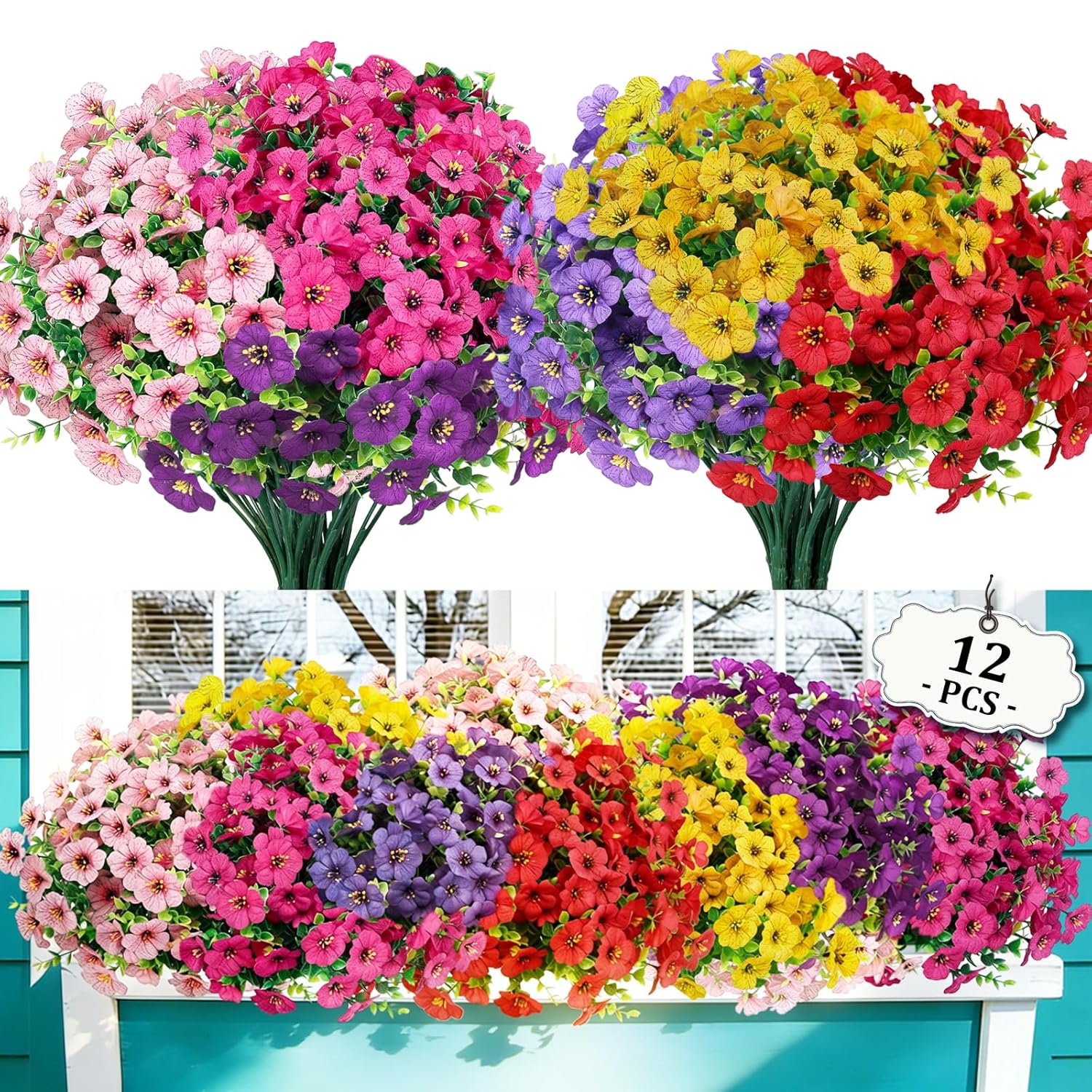 12 Bundles Artificial Flowers For Outdoor Indoor, Faux Flower Daisy With Eucalyptus Leaves Fake Plants Greenery, Garden Home Decor For Boxwood Porch Patio