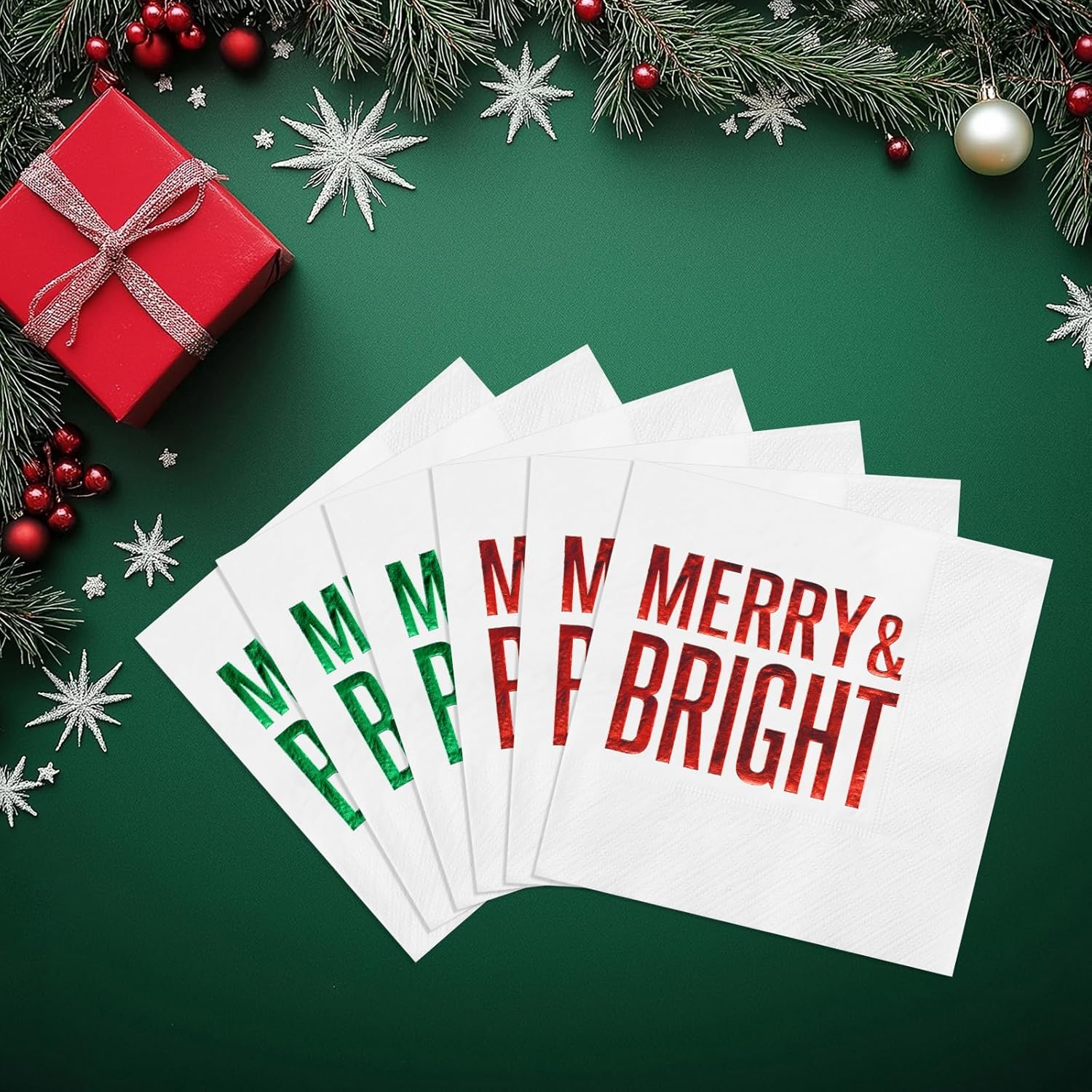 100 Pcs Christmas Paper Napkins Disposable, Merry Bright Red And Green Foil Cocktail Napkins, Xmas Holiday Party Guest Dinner Napkin Hand Towels For Christmas Winter Party Supplies, 6.5 X 6.5 Inch