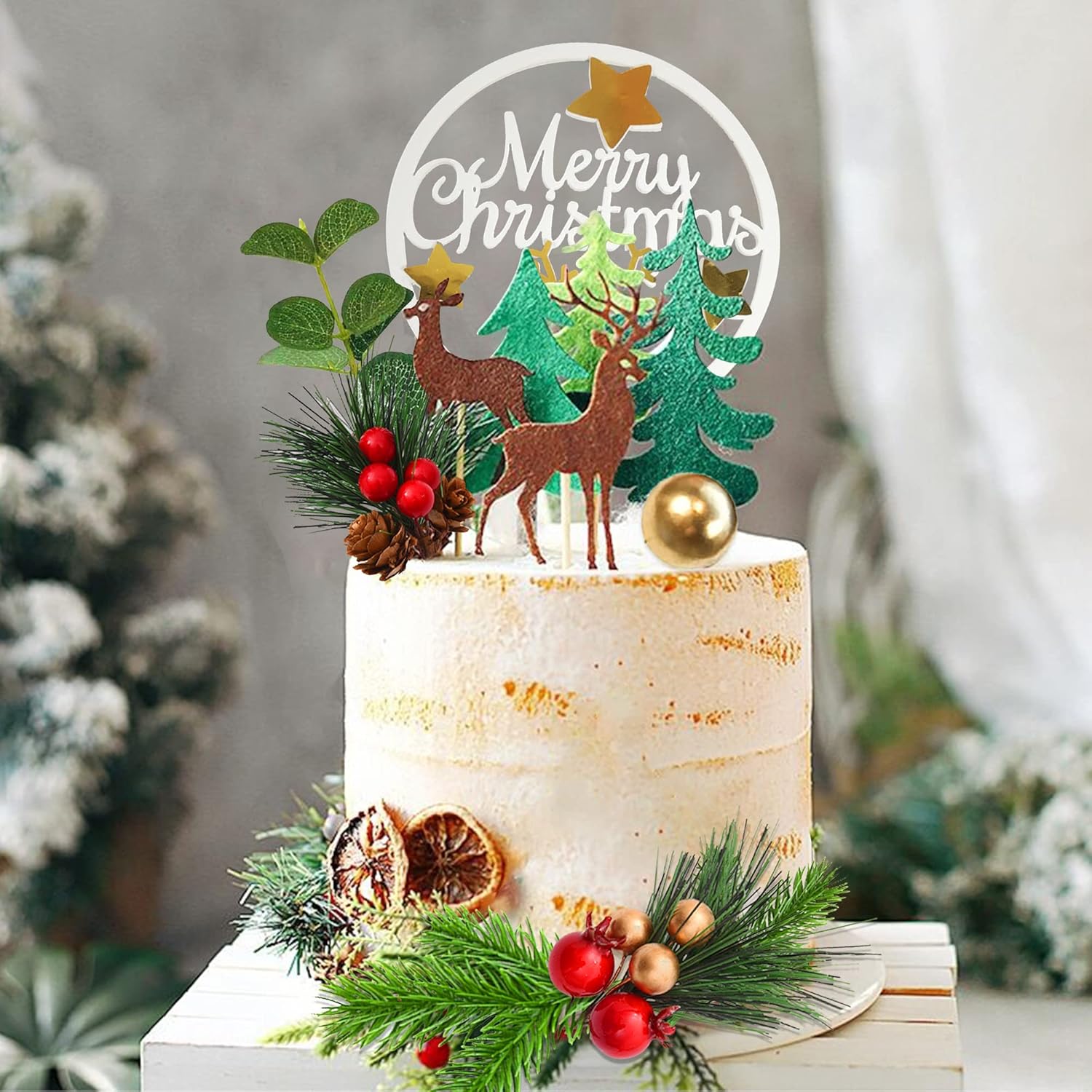 14Pcs Christmas Cake Topper Merry Christmas Cake Decorations With Deer Santa Pine Tree For Xmas Winter Holiday Cake Decor Party Supplies (Gold)