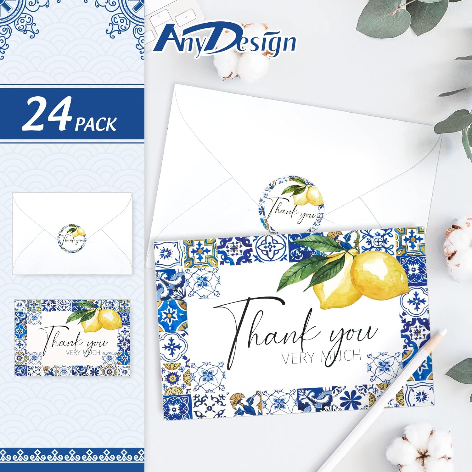 Lemon Thank You Cards Bulk 24 Pack Thank You Note Cards With Matching Seal Stickers Envelopes Blue Tiles Lemon Greeting Cards For Baby Shower Wedding Birthday Bridal Party And All Occasion