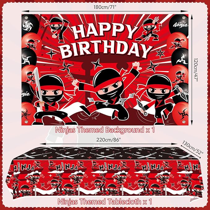 Ninja Birthday Party Decoration - Include Happy Birthday Banner, Backdrop, Cake Toppers, Tablecloth And Balloons, Ninja Warrior Master Party Supplies For Boys Girls Baby Shower Karate Party