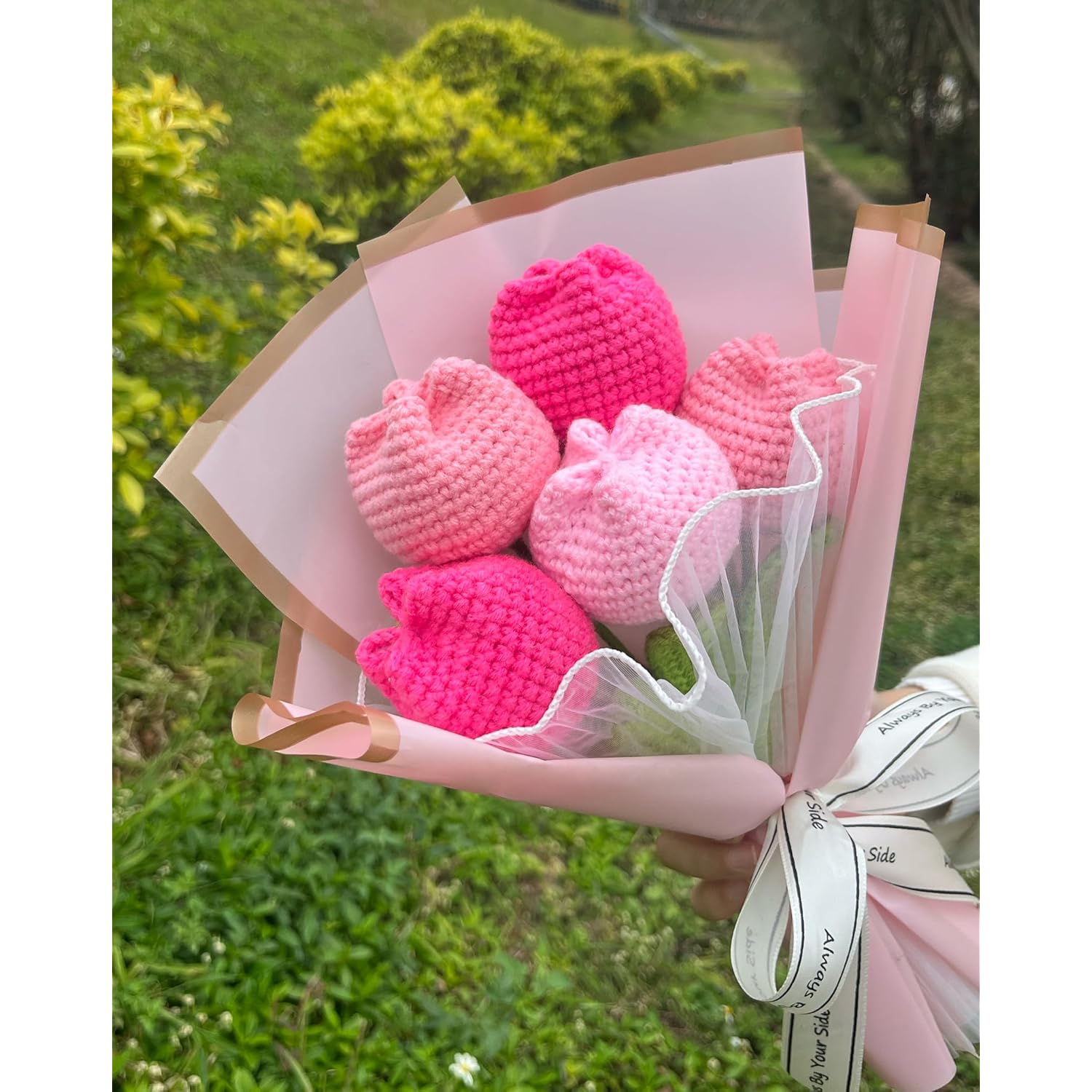 Crochet Tulip Flower Bouquet, Handmade Knitted Artificial Tulip Flowers, Gift For Mom Wife Women(Pink)