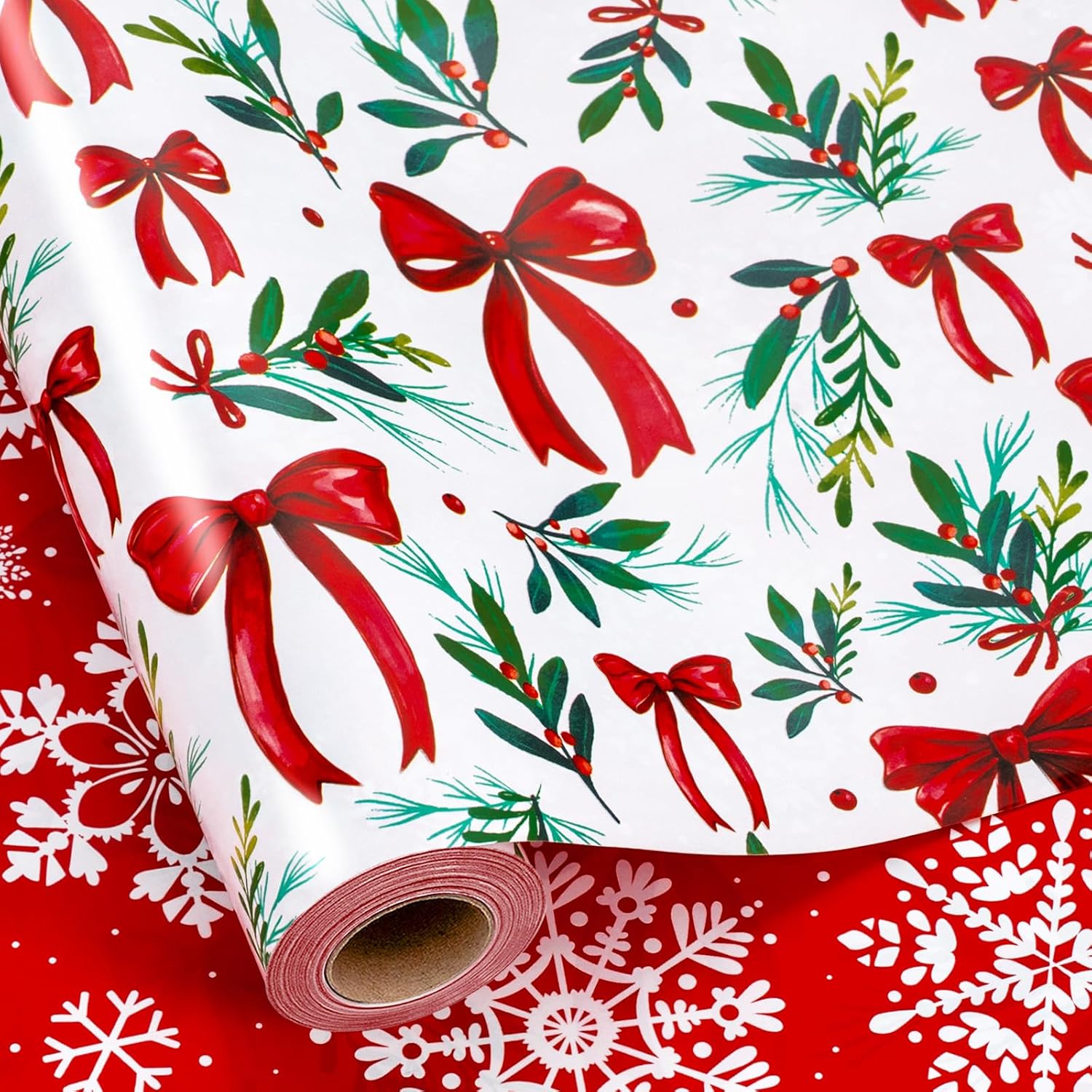 Christmas Wrapping Paper Roll, Red And Green Wrapping Paper, Reversible Elegant Watercolor Holly, Bow, Snowflake Christmas Themed Holiday Gift Wrap For Winter Celebrations (17 Inch X 33 Feet)