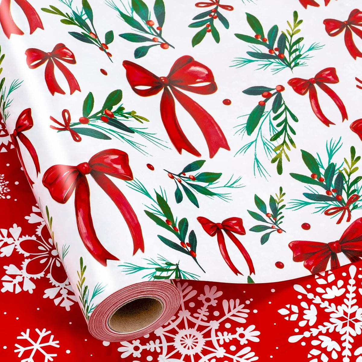 Christmas Wrapping Paper Roll, Red And Green Wrapping Paper, Reversible Elegant Watercolor Holly, Bow, Snowflake Christmas Themed Holiday Gift Wrap For Winter Celebrations (17 Inch X 33 Feet)