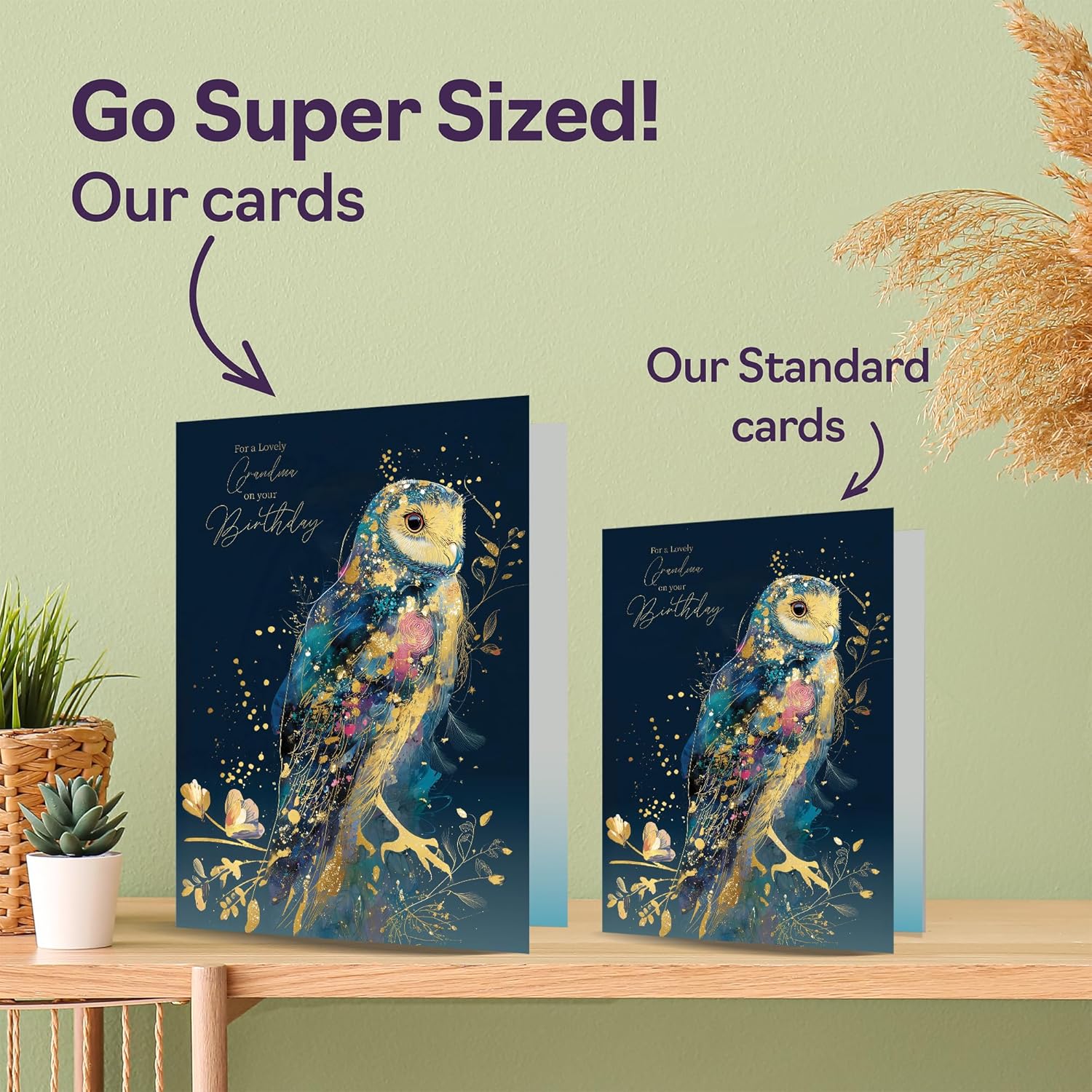Gold Grandma Birthday Card - Luxury Wisdom Owl - Happy Birthday Card For Grandma From Grandson Granddaughter, 5X7 Inch Golden Fantasy Nature Chic Bday Greeting Cards