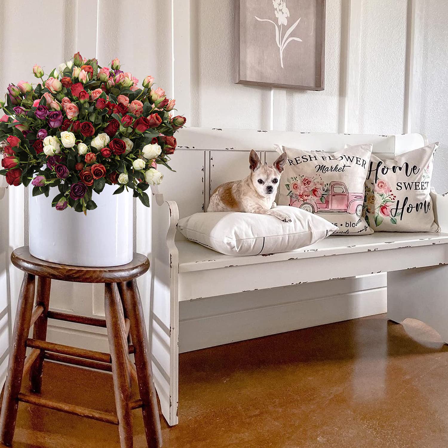 Artificial Rose Silk Flowers 21" Long Fake Rose Flower Bushes For Wedding Decor Home Decoration Faux Roses Decor- Fake Cream Rose With Stem -3Pcs Cream Flower