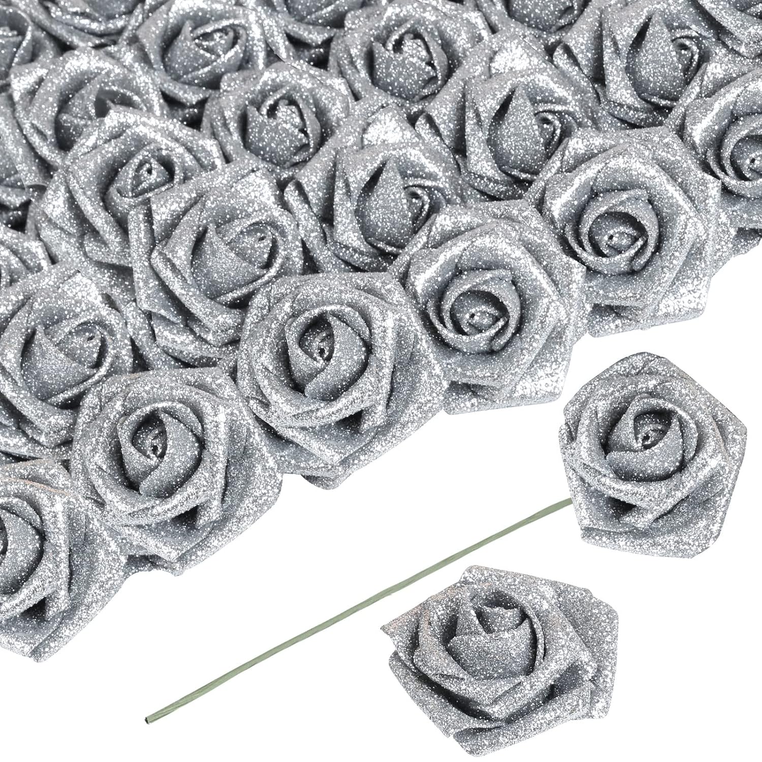 Artificial Flowers 30 Pcs Silver Glitter Foam Artificial Flowers With Stem, Glitter Roses Shiny Flowers For Diy Wedding Bouquets Party Home Decor(Silver)