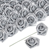 Artificial Flowers 30 Pcs Silver Glitter Foam Artificial Flowers With Stem, Glitter Roses Shiny Flowers For Diy Wedding Bouquets Party Home Decor(Silver)
