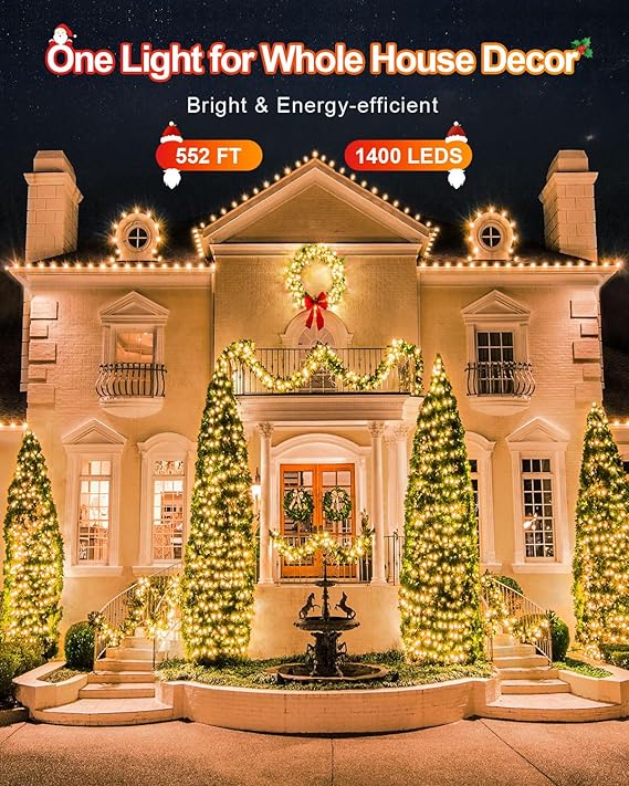 552FT 1400 LED Warm White String Lights Outdoor Waterproof Extra Long Fairy Lights Plug In with Timer Memory Function 8 Lighting Modes Dimmable for Trees Wedding Party Garden Decor