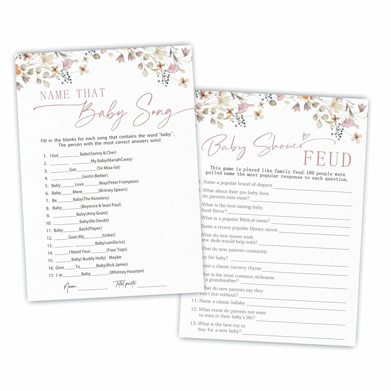 Boho Flowers Baby Shower Game Activities, Name That Baby Song & Baby Shower Feud Theme Game Cards, 30 Floral Game Cards & 1 Answer Card, Decorations & Supplies For Baby Shower Party?5X7 Inches? - C05